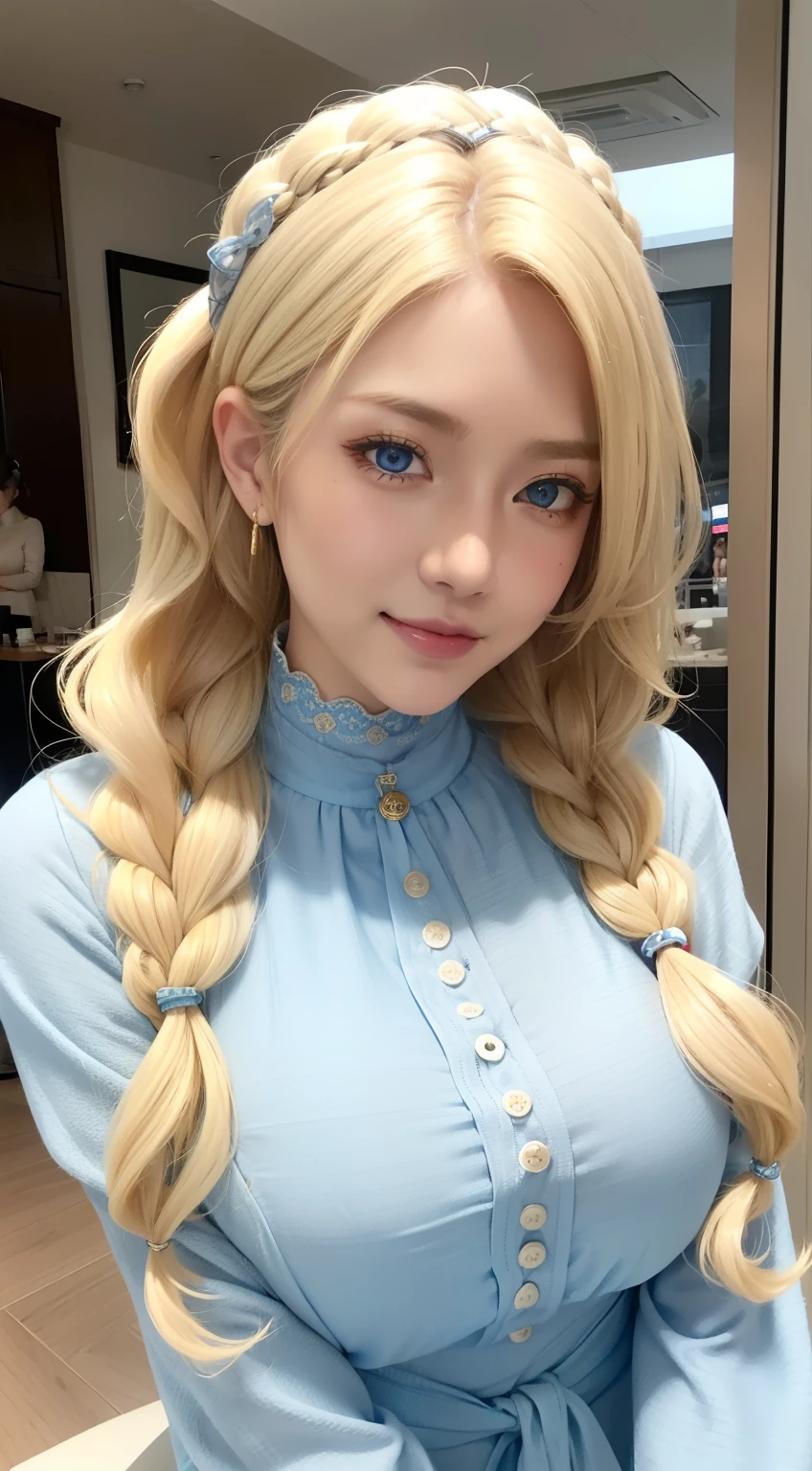 Female((35yo)), Hair((Wavy, Blonde)), Eyes((Smart eyes, Blue eyes)), clothes((High neck clothes, Pattern, cream-colored)), Accessories ((Hair ornaments)), pony tails, Bigboobs, gigantic cleavage breasts, Korean makeup, Smiling, An amusement park, fountain,