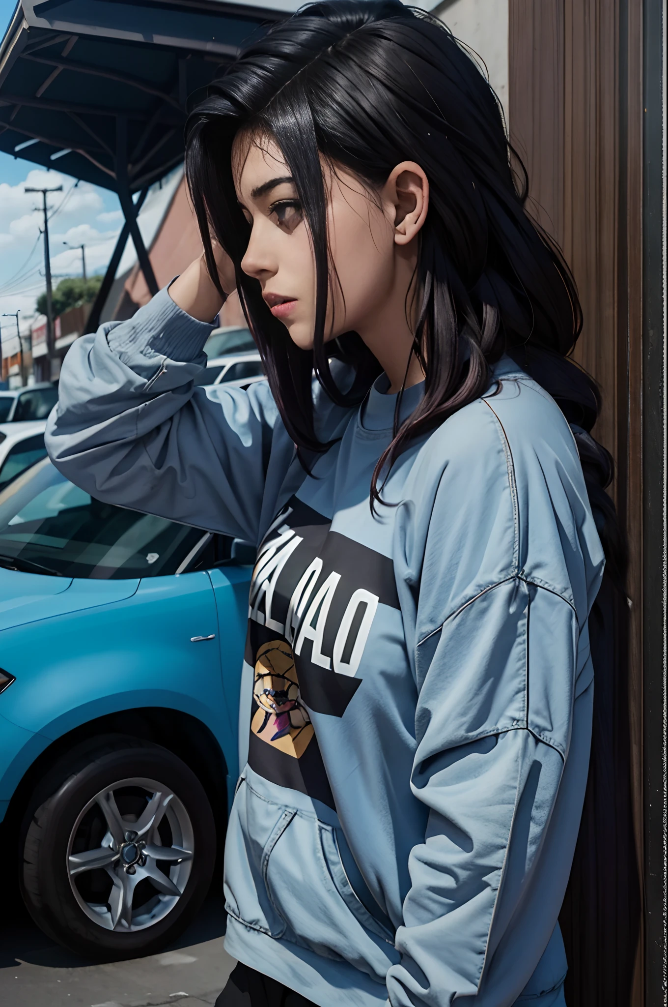 photo of a beautiful woman, wearing a fighter pilot jacket, (t-shirt), and pants, ((hair in messy bun)), juli4_ke11y, naval carrier background, portrait, close-up, 1girl