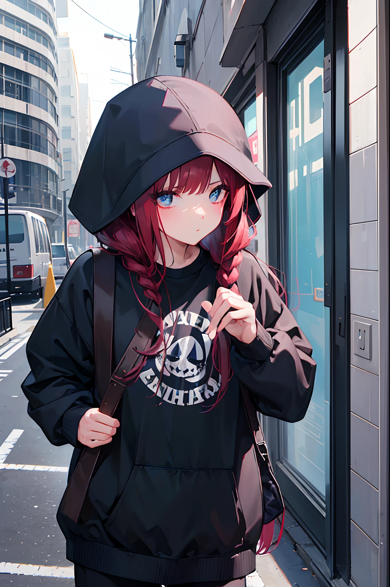 (La mejor calidad) (obra maestra ) Estilo de dibujos animados. A beautiful young woman with an urban look of heavy-punk-metal-rap aesthetic, It seems to be of Spanish origin and has a lot of time, cabello rojo algo rizado. En una calle en un suburbio de una gran ciudad, There is a beat-up car behind to the woman's right and a wall with strange graffiti on her left.. Photoshop-fantasy