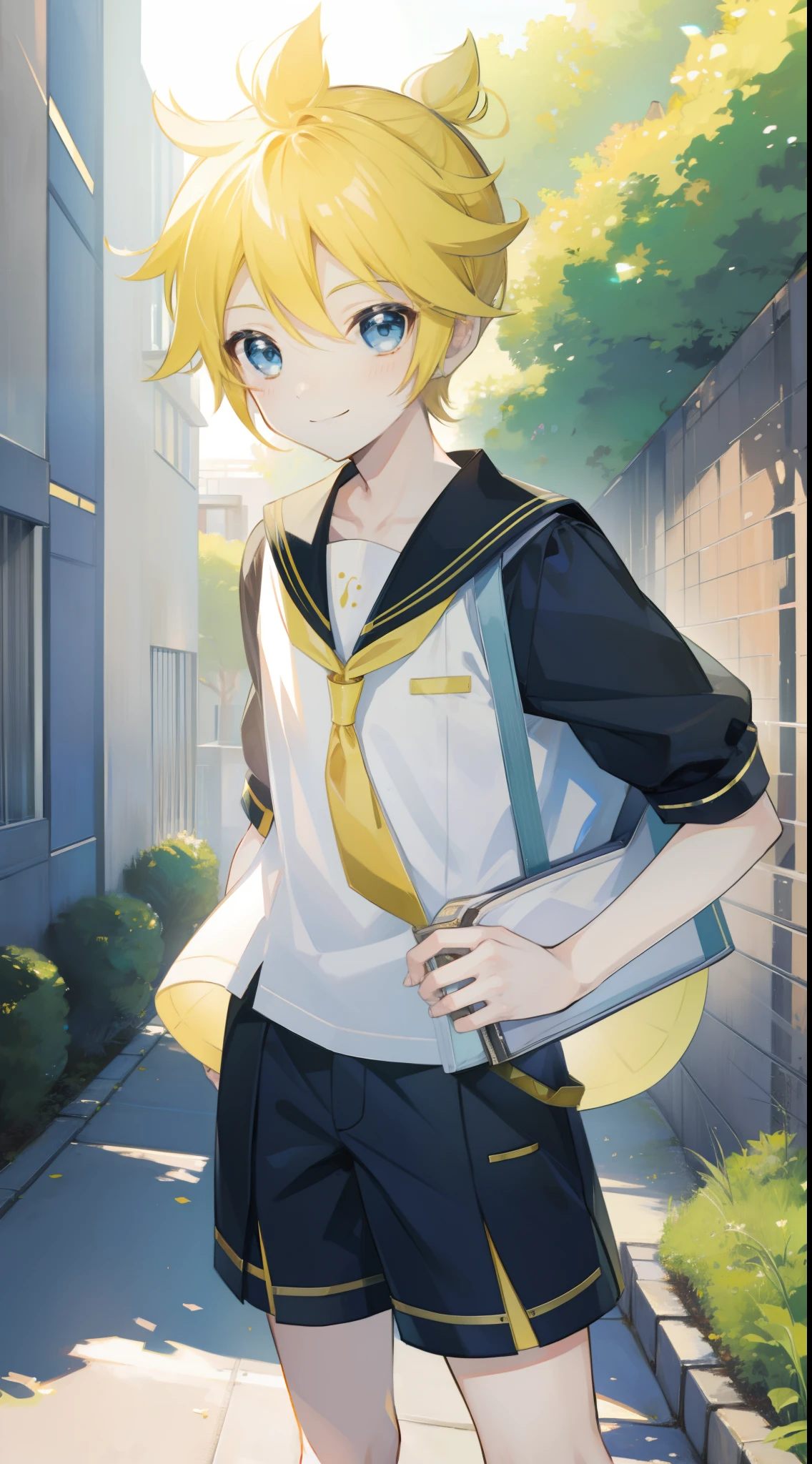 one boy, Len_Kagamine, sailor uniform, short pants, smile, outdoor, character focus, cowboy shot