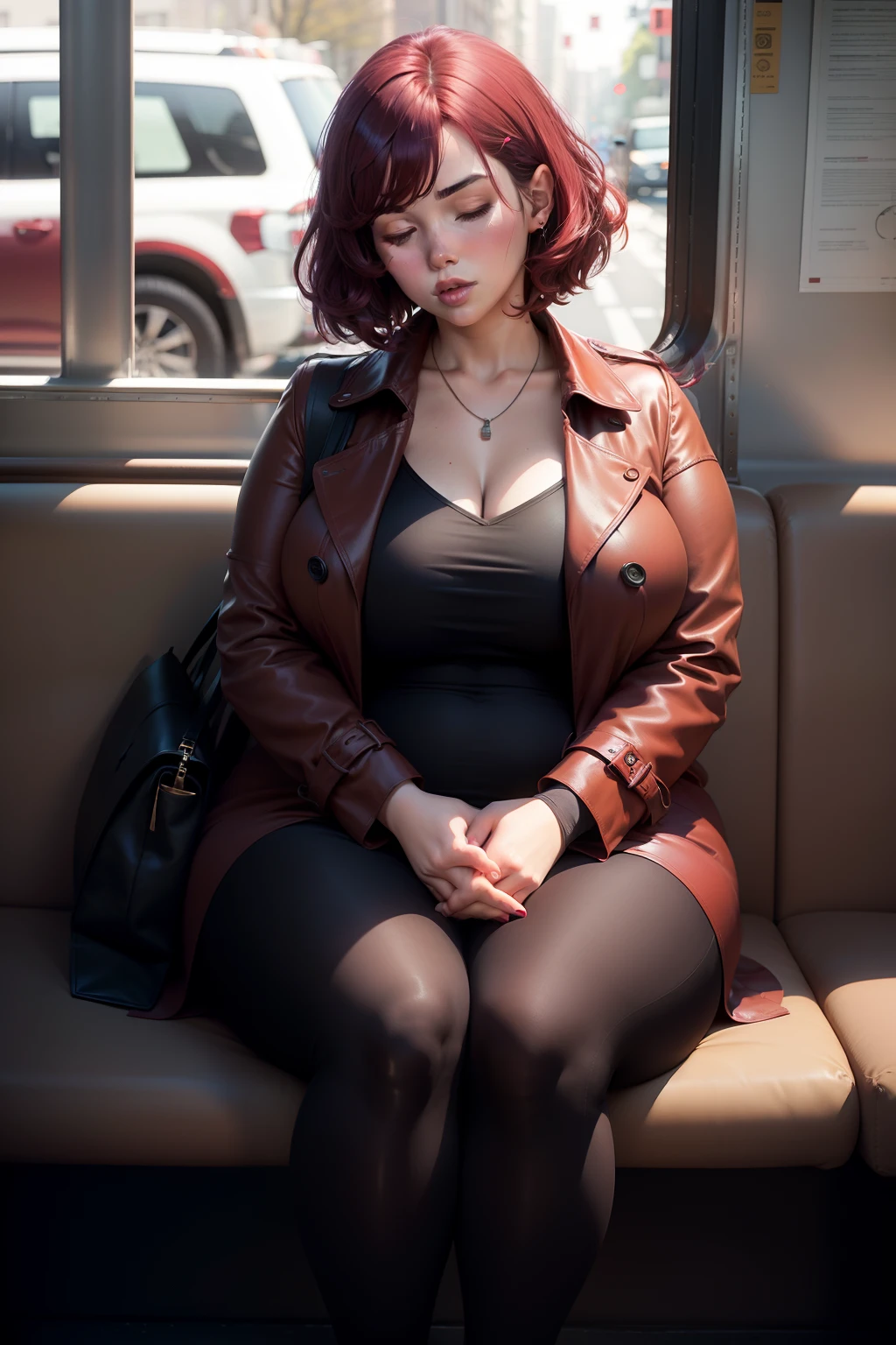 1 beautiful woman, adult, fat woman, large body, maroon hair, short hair, outlined eyelids, made-up eyelids, blouse, red blouse, neckline, trench coat, black trench coat, blue jeans, shoes, brown bag, hugging her bag, sleeping sitting up on the bus, mouth open, eyes closed.