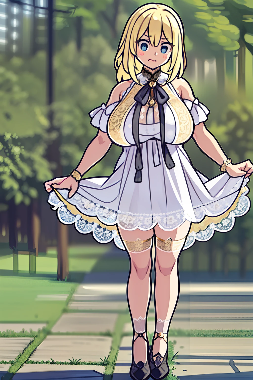 tmasterpiece, best qualtiy, Rich in detail ,(1 girl 1.5),Pathetic look,(baby girl 1.5),(14years),full body Esbian,Plump body,stereograms, high details, hyper HD, ccurate,(Michaela 2.5),(Blonde 1.5),side braids,Smudge,(Hazy Beauty 1.5),Wearing a gorgeous lace black and white cloak,((((Blonde 2.5)))),Wear a gorgeous black and white dress,(The dress has gold lace trim:1.5),The dress has a sheer silk lining,blue color eyes,during the day,In the wild,White stockings with white lace、huge-breasted