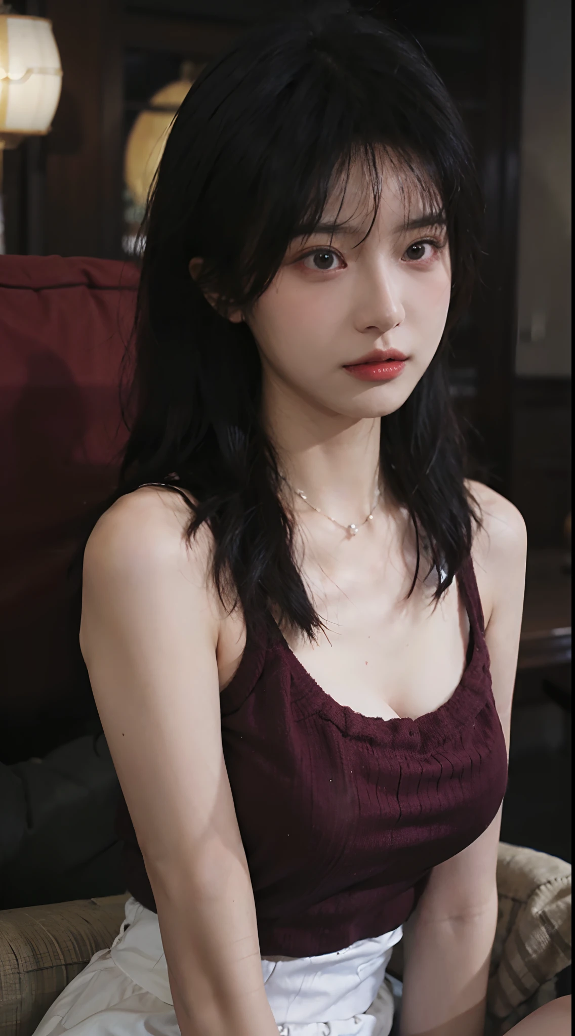 best qualtiy， 超高分辨率， （realisticlying：1.4），Baoyu Girl，1girll, with long coiled hair，Looking into the distance，nedium breasts，Cropped red sweater，a sense of atmosphere，Beautiful woman with a slim figure:1.4, Abs，Ultra-fine face，Elaborate Eyes，二重まぶた，choker necklace