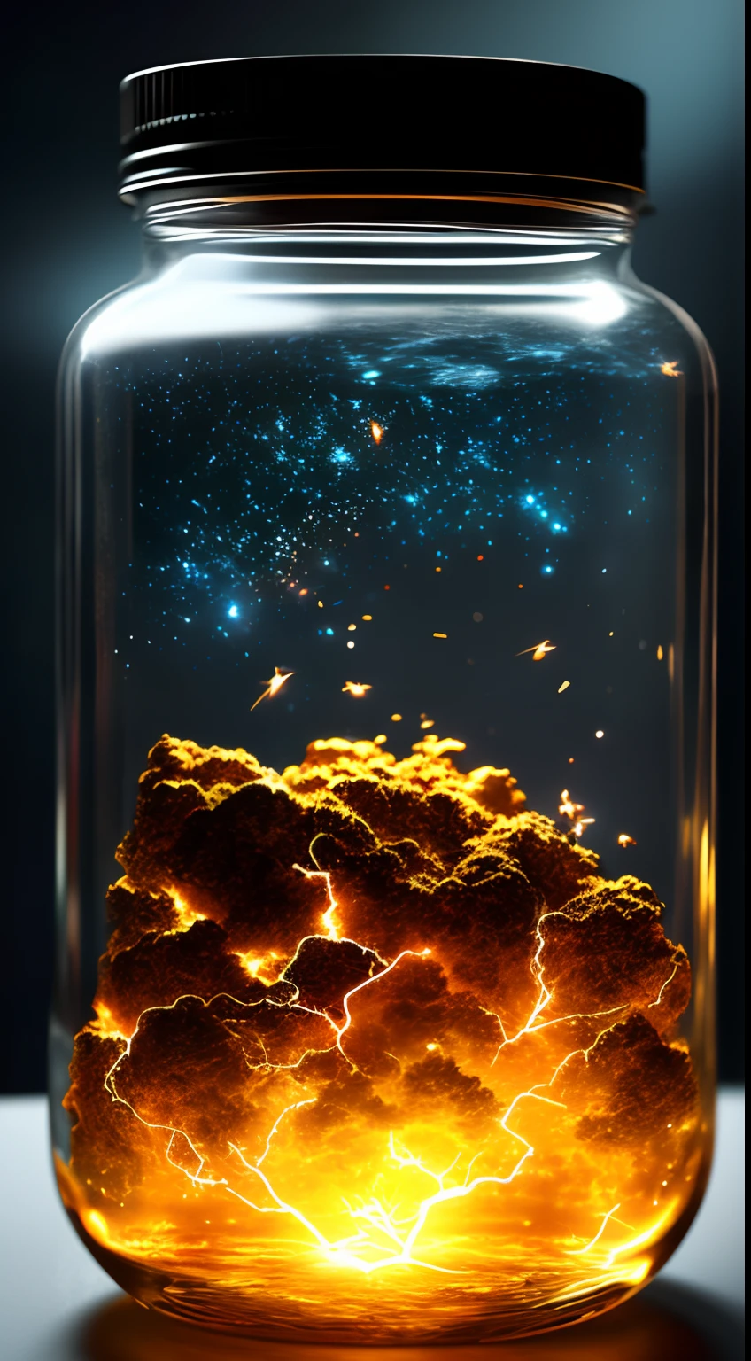 An entire universe contained inside of a glass jar, super realistic, hyper detailed, dramatic lightning, 4k