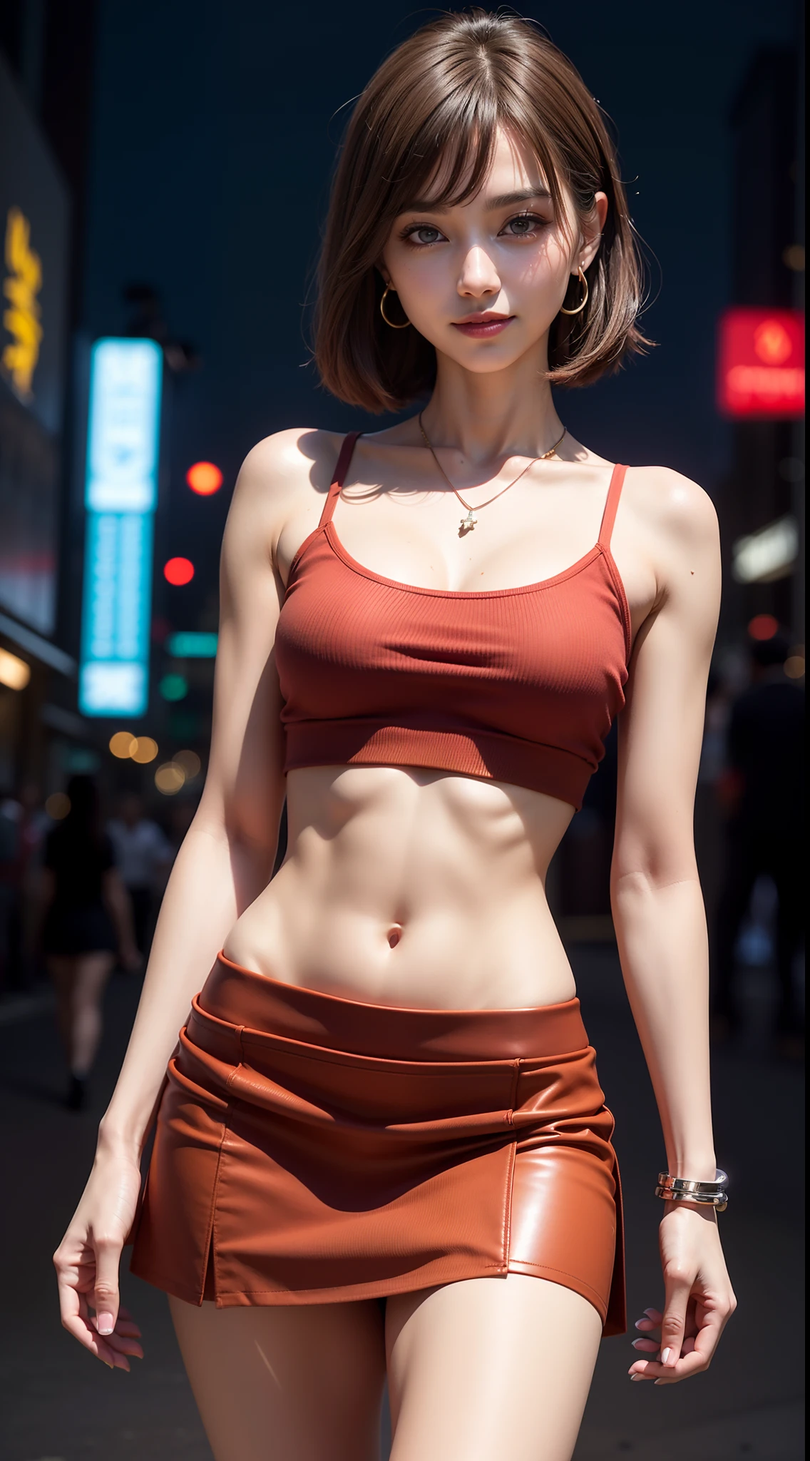 8k, masterpiece, RAW photo, best quality, photorealistic, extremely detailed CG unity 8k wallpaper, Depth of field, Cinematic Light, Lens Flare, Ray tracing, (extremely beautiful face, beautiful lips, beautiful eyes), intricate detail face, ((ultra detailed skin)) 1girl, in the dark, deep shadow, pretty korean girl, kpop idol,(very slim slender fit-muscled body), ((looking at viewer)),(big smile), (fashion city night, (neon sign), (blurry background), midnight, (vacant city), (without people in the background), pretty korean girl, white diamond earrings, dia bracelets, dia necklace, clear eyes, walking , front shot, (pale skin), face forward, (big eyes), ((upper body shot)), (small size, baseball cap), ((red color leggings)), (camel toe, shape), (wet), (ponytail) (looking at viewer), medium breasts,((smile)), ((camel toe)), turning back, see through, ((laced)), ((naked top))