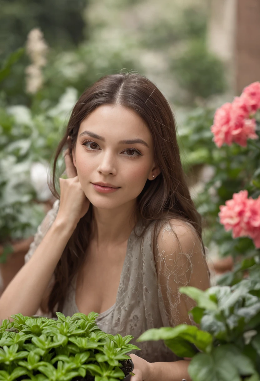 A cute woman buying plants in a garden ( fotorrealista) 4k, imagen para uso publicitario