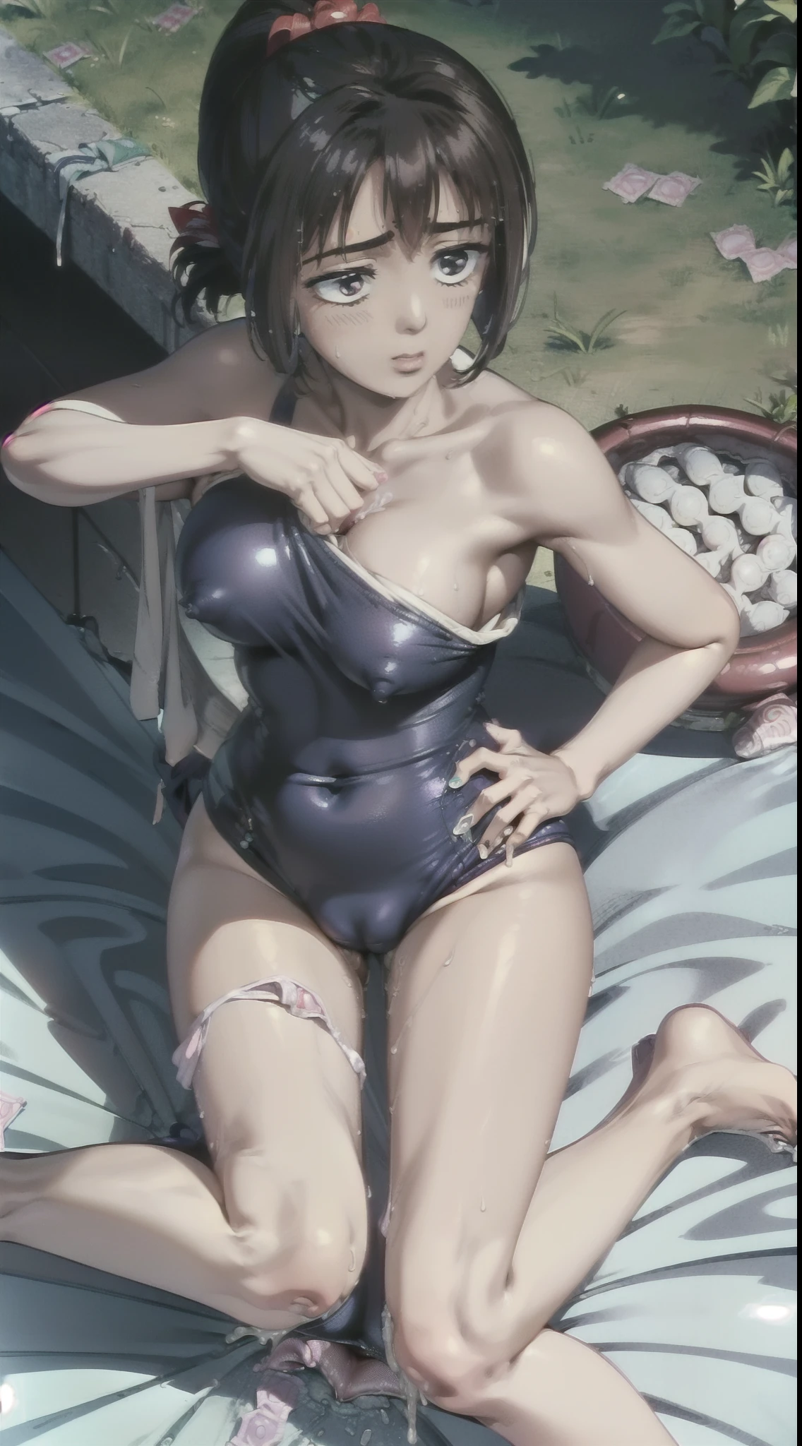(((megami magazine))),(masterpiece)), ((top-quality)), (The ultra-detailliert), ((kawaii)), cute little, (Wonderful), ((ighly detailed)), 4K、 (8K), top-quality, (Beautiful fece),(((World-class quality))), ighly detailed, hight resolution,(((独奏)))、(((Shortcut ponytail))),(((shorth hair))),(((put out one's forehead))),(((Bangs parted in the middle))),(((hime-cut))),(((Black hair))).((((lustrous dark hair)))),(((Detailed depiction of the thigh))),、(((((Scattered used condoms))))).(((Detailed crotch depiction)))、(((Open your crotch)))、(((White liquid dripping))).(((A slight smil)))、(((red blush)))、(((Beautiful body lines))).(((normal breast)))、((Crab crotch)).((Putting out the chest)).(((Show breasts)))、((Look down at me))、(((limp))).(((perspiring)))、(((Emphasis on the crotch)))、((((On the red bed))))、(((natta))).(((Opening legs)))、(((Grabbing the udder)))、((((((Composition seen from the feet)))))).(((Look down at your feet)))、(((Lie on your back)))、(((((Composition seen from above))))).(((wetting hair)))、(((Open your crotch)))、(((Gesture to undress))).(((Pose with crotch open and crotch sticking out)))、(((Breast milk out of the)))、(Official)、((Anime filling))、((pissing)))、((((((forward-bent posture)))))),((((Head down)))),((((小柄)))),(((Navy blue school swimsuit)))、(((Bridge Posture)))