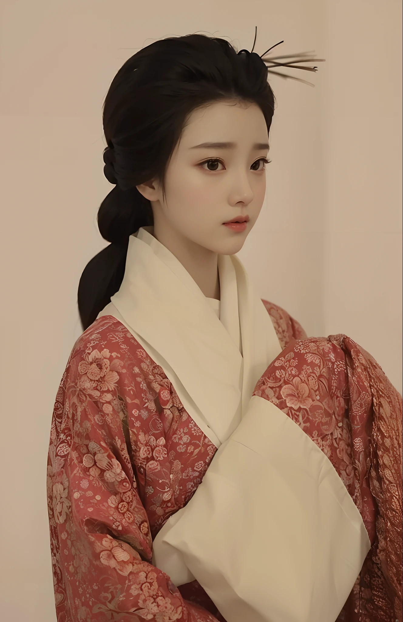 Chinese Hanfu，zydG， 1girl， Delicate skin， looking at viewert， Brown eyes，  （mediuml breasts：1.0）， （medium areolae：0.8），
（realisticlying：1.4）， （Best Picture Quality：1.0）， （超高分辨率：1.0）， 8k， RAW photos， （tmasterpiece：0.2）， （pureerosface_v1：0.5）