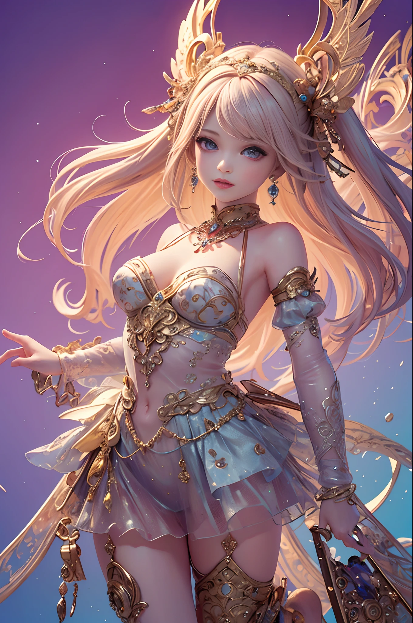 (masterpiece, top quality, best quality, official art, beautiful and aesthetic:1.2), (1 fantasy girl), long shapeless hair, extremely detailed, ornate jewellery, fantastical background, (fractal art:1.3),colorful,highest detail.