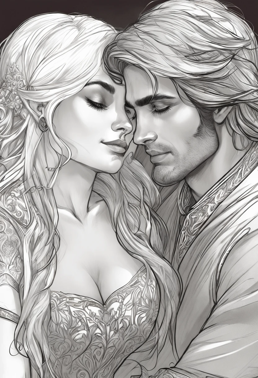Drawing of a man and a woman, Elf girl with silver hair, An elf with long black hair, Hand detailing, Finger detailing, Face detailing, Sitting on the bed, charlie bowater and artgeem, He holds her in his arms, While she sleeps, inspired by Magali Villeneuve, Edmund Blair and Charlie Bauer, romance novel cover, cover illustration, Farnrun, Published art, commission for high res, detailed fanart, Melodrama Fantasy, unfinished