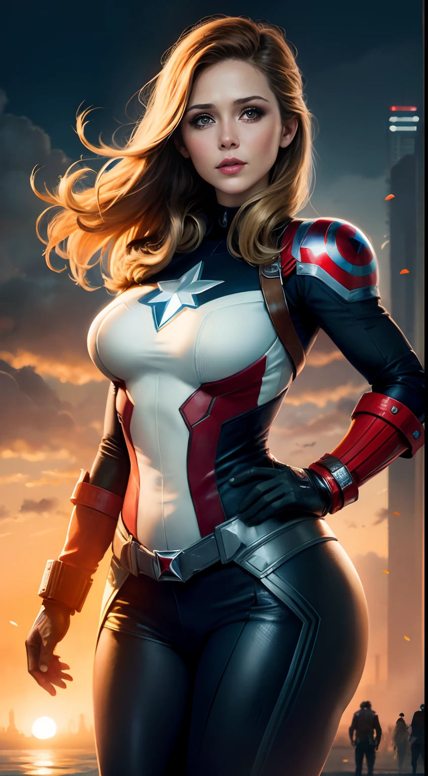 Elizabeth Olson plays Captain America，skyscrapper，（Inspired by Mass Effect），Captain America suit，Safety rating，Breast enlargement，fat hips，Leather pants wrap around the hips，Leather clothing wraps around the chest，（8k，foto RAW，fotorrealista：1，25），（muito brilho labial，very many eyelashes，melhor qualidade，ultra high-resolution，profundidade de campo，chromatic aberration，luz ampla，cor natural，Distant pictures（1：2）