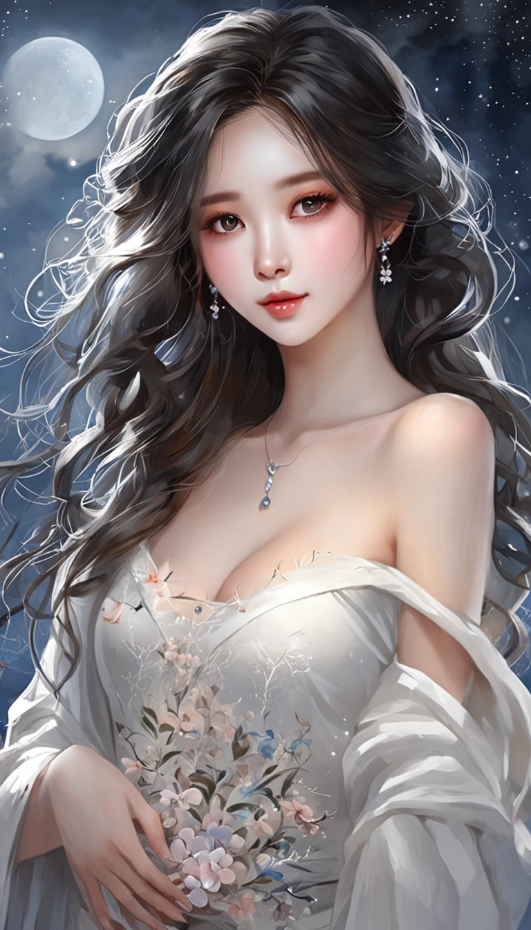 ((looking back)), ((full body)), ((realistic)), ((from behind, from below)), (((off shoulder clothes))), Beautiful young girl, Beautiful Korean model, Nice face, shyexpression, Long black hair, curlies, 耳Nipple Ring, By bangs, ((slender leg)), (cold light, the night, starrysky), ((at winter season, nevando)), (((White sweater, Short black skirt, There are broken flowers on the skirt)), Detailed scenes, the detail,Hyper-detailed, ((correct hand)), (anatomy correct), (best qualtiy,tmasterpiece)