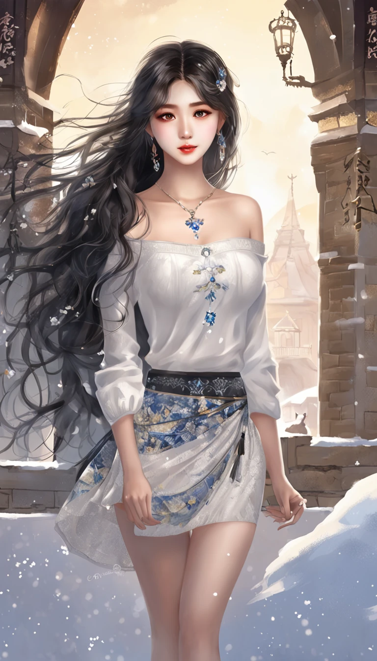 ((looking back)), ((full body)), ((realistic)), ((from behind, from below)), (((off shoulder clothes))), Beautiful young girl, Beautiful Korean model, Nice face, shyexpression, Long black hair, curlies, 耳Nipple Ring, By bangs, （(slender leg)）, (cold light, the night, starrysky), （(at winter season, nevando)), (((White sweater, Short black skirt, There are broken flowers on the skirt)), Detailed scenes, the detail，Hyper-detailed, ((correct hand)), (anatomy correct), (best qualtiy，tmasterpiece)