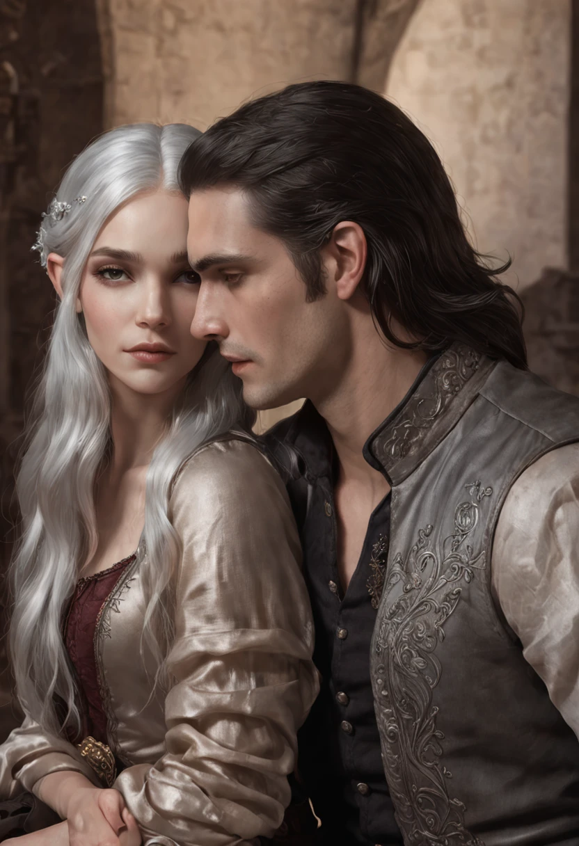 Drawing of a man and a woman, Elf girl with silver hair, An elf with long black hair, Hand detailing, Finger detailing, Face detailing, Sitting on the bed, charlie bowater and artgeem, He holds her in his arms, While she sleeps, inspired by Magali Villeneuve, Edmund Blair and Charlie Bauer, romance novel cover, cover illustration, Farnrun, Published art, commission for high res, detailed fanart, Melodrama Fantasy, unfinished