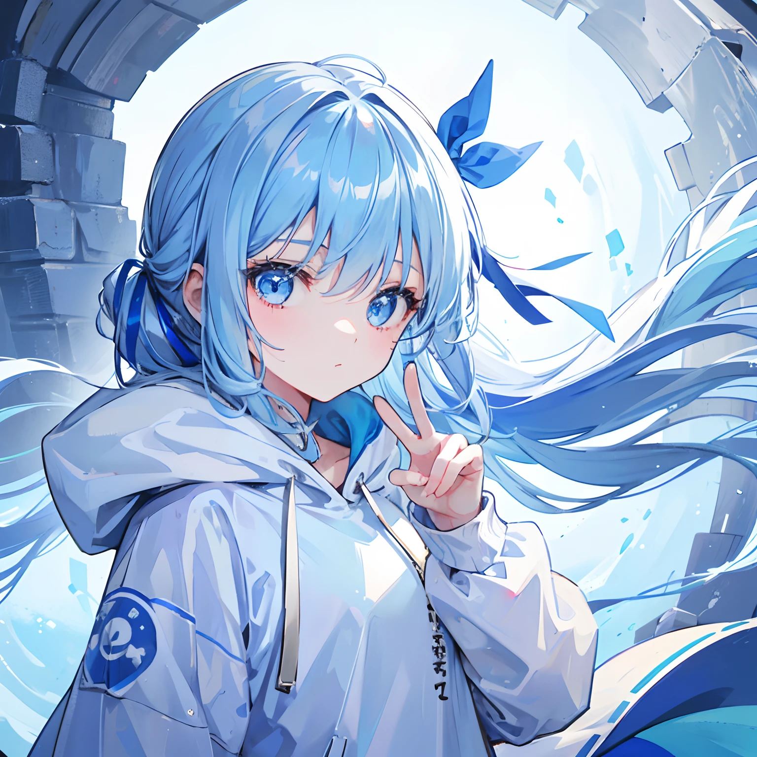 1girl,light blue hair,blue eyes,hair ribbon,blue and white hoodie,winter,looking at viewer,profile picture,peace sign