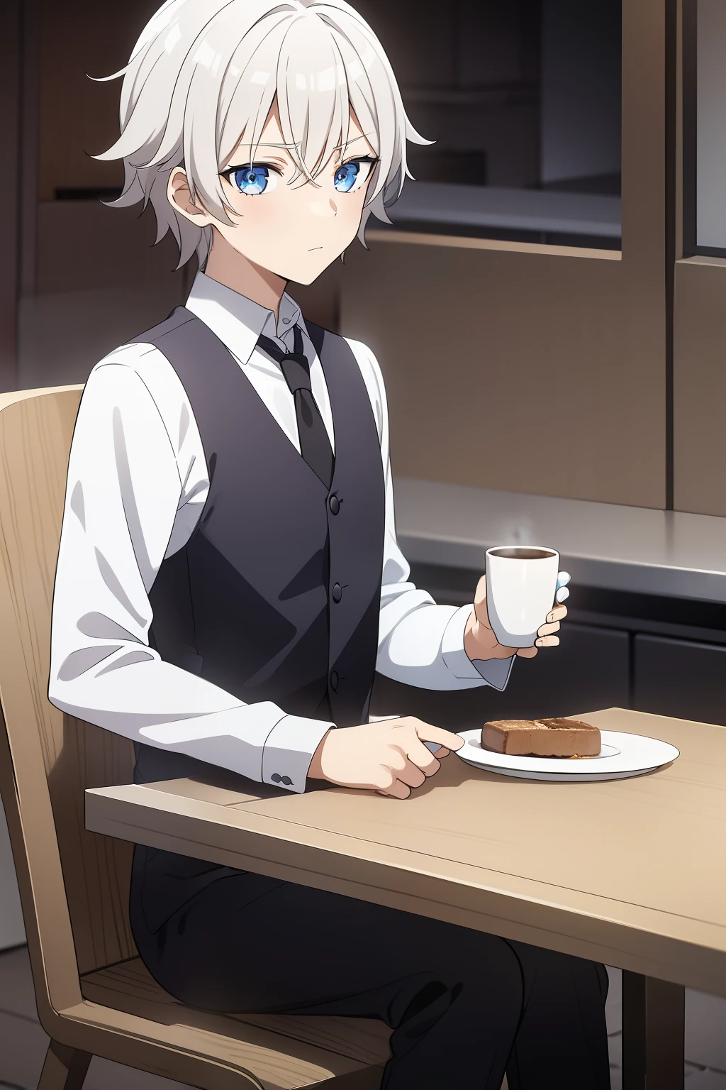 He had light bloonde Messy hair , blue eyes , He had medium build , He was wearing his school unifrom its made of a White shirt , Black pants ,black boots , he is 14 years old , he was sitting on the dinner table while holding a coffe mug