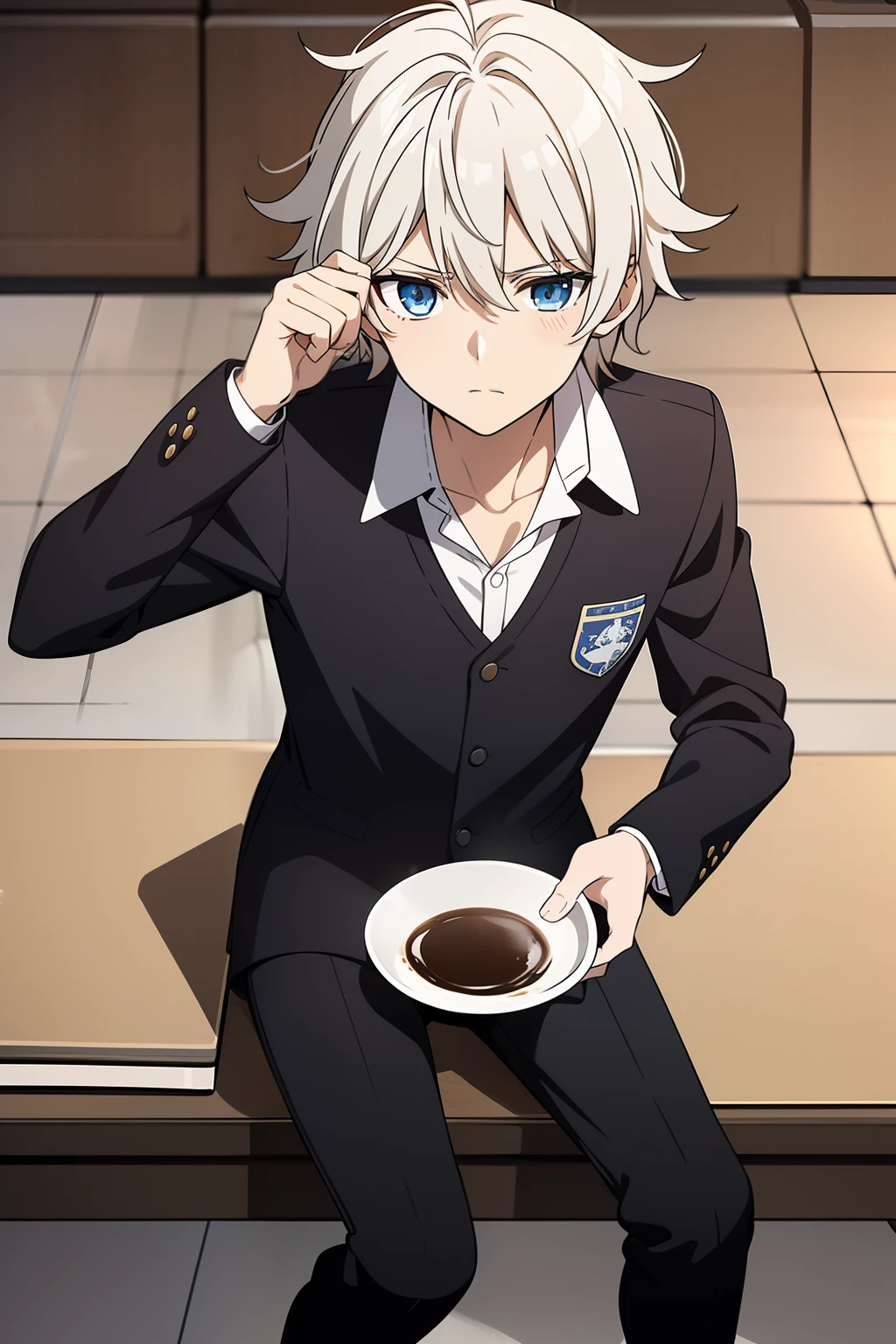 He had light bloonde Messy hair , blue eyes , He had medium build , He was wearing his school unifrom its made of a White shirt , Black pants ,black boots , he is 14 years old , he was sitting on the dinner table while holding a coffe mug