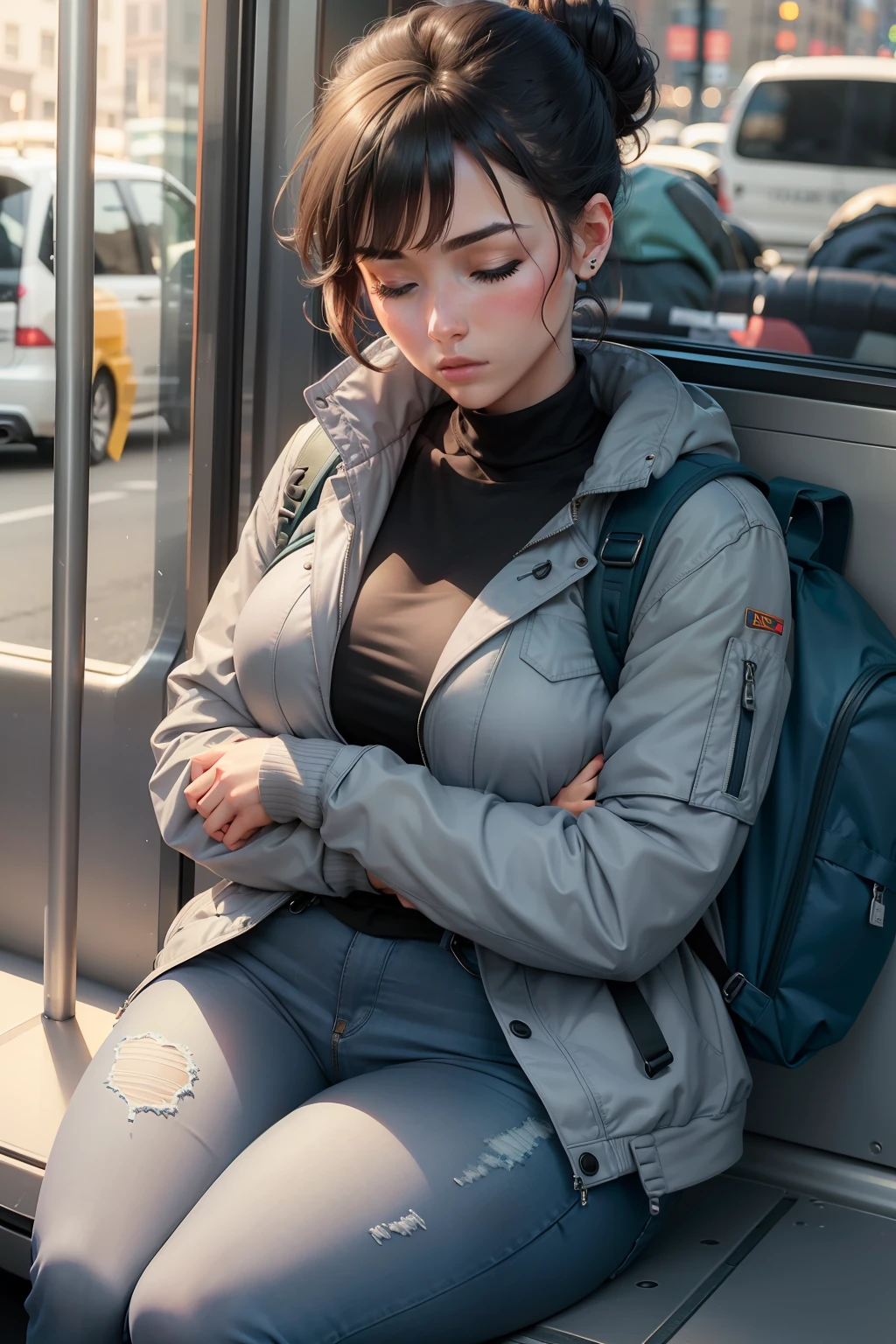 1 beautiful woman, large body, made-up face, brown hair, pink lips, hair tied in a ponytail, ponytail, small earrings, light blue jacket, light blue pants, big nails, made-up eyelids, brown bag, asleep lying on the bus, eyes closed, mouth open.