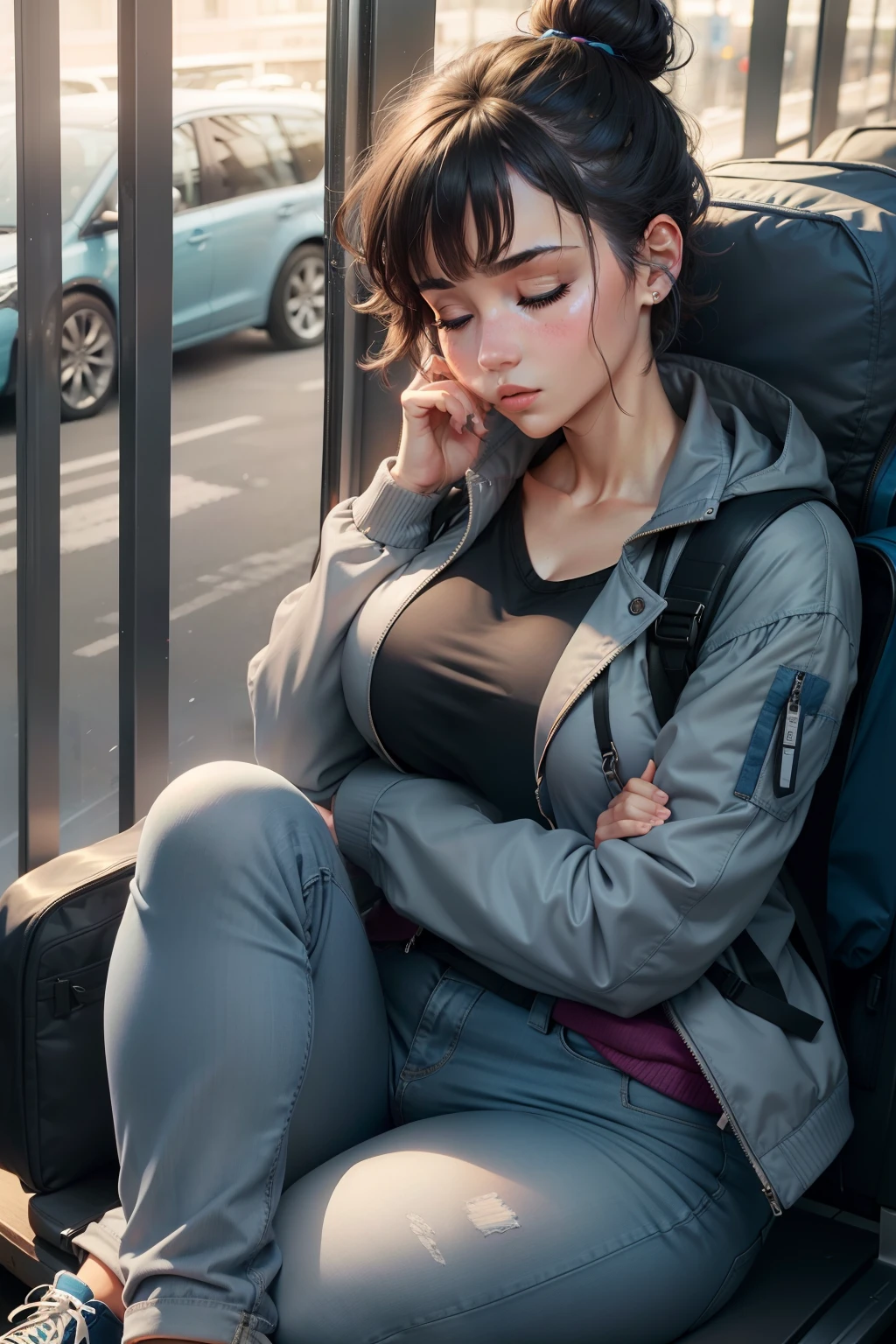 1 beautiful woman, adult, large body, short hair, hair tied in a bun, outlined eyelids, made-up eyelids, closed jacket, gray jacket, neckline, blue jeans, shoes, black backpack, hugging her backpack, sleeping sitting on the bus, mouth open, eyes closed.