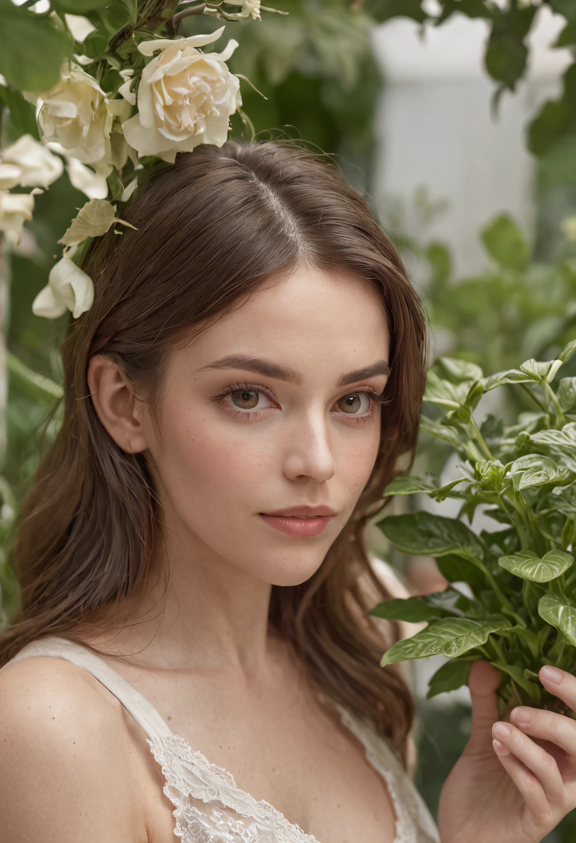 A cute woman buying plants in a garden ( fotorrealista) 4k, imagen para uso publicitario