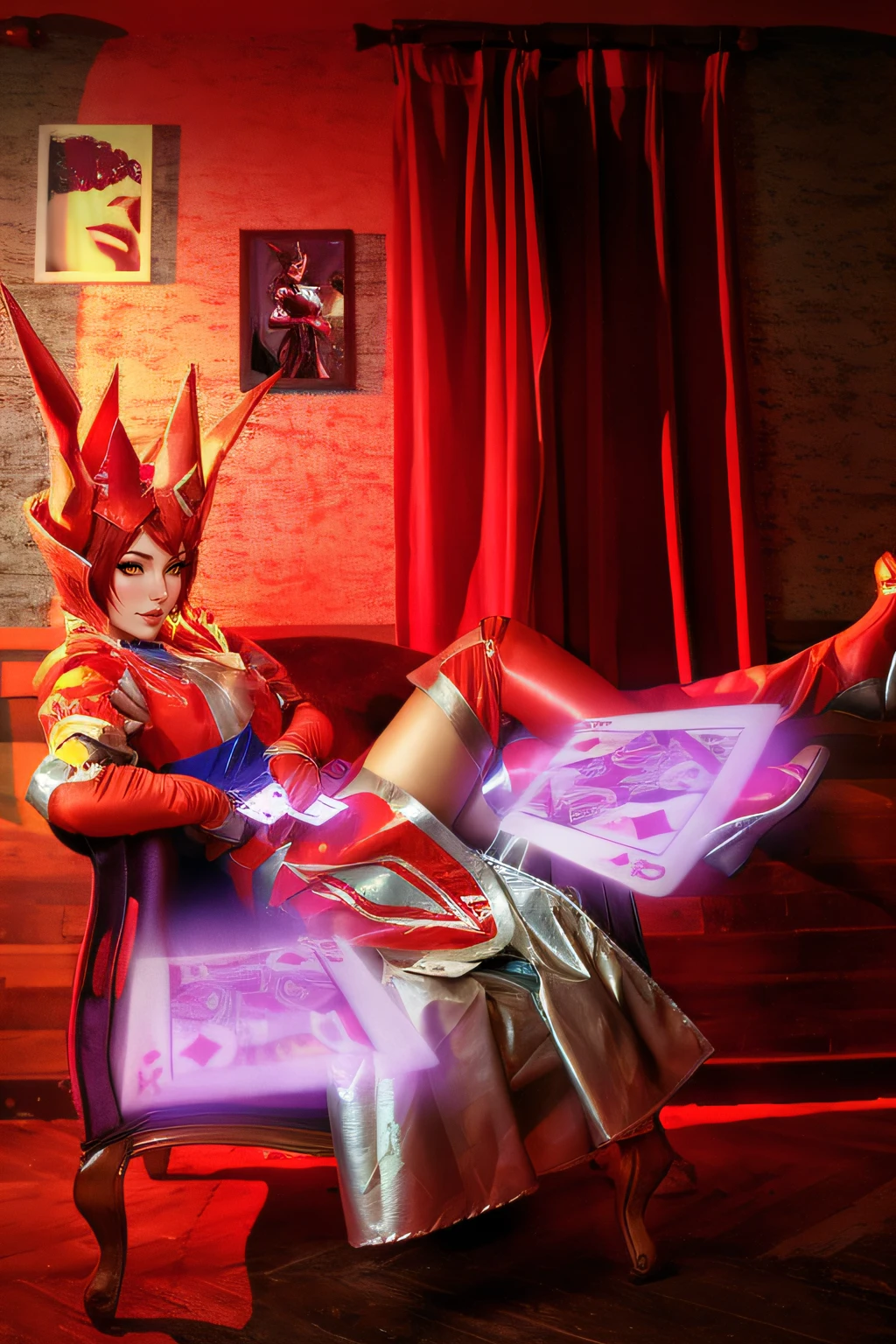 Hay una mujer disfrazada sentada en una silla, Ahri de League of Legends, Ahri, Junker Queen de Overwatch, Samira de League of Legends, Krystal de Star Fox, Alexstrasza, cosplay glamuroso, Estilo Yugioh, como personaje de Overwatch, Fiora de League of Legends, de League of Legends