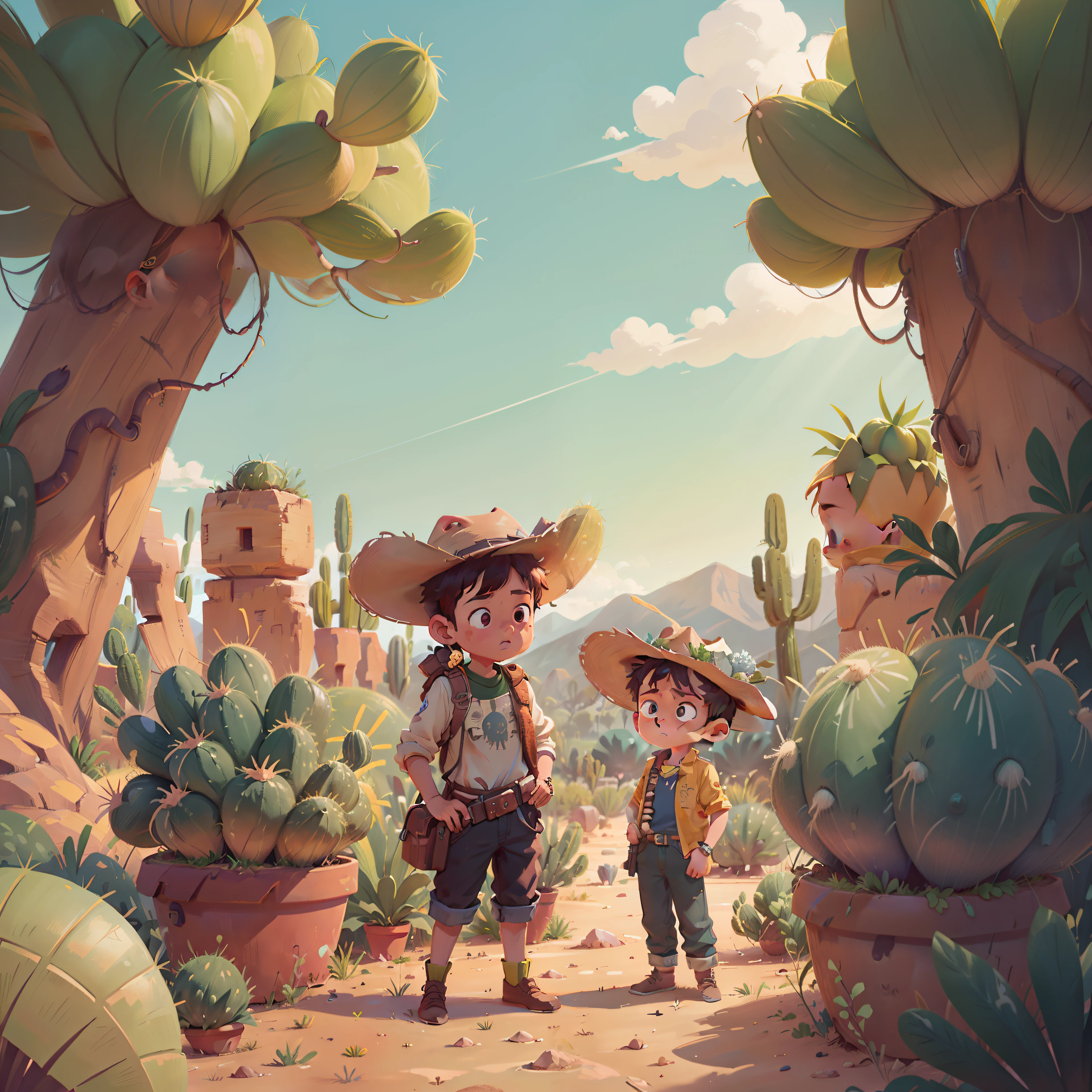 Bau de tesouro fechado ao longe na paisagem, Cactus plants in a desert area with a sky background, 1boy, cowboy dress, a gun, caatinga, paisagem do deserto, Serene desert scenery showing a treasure chest.