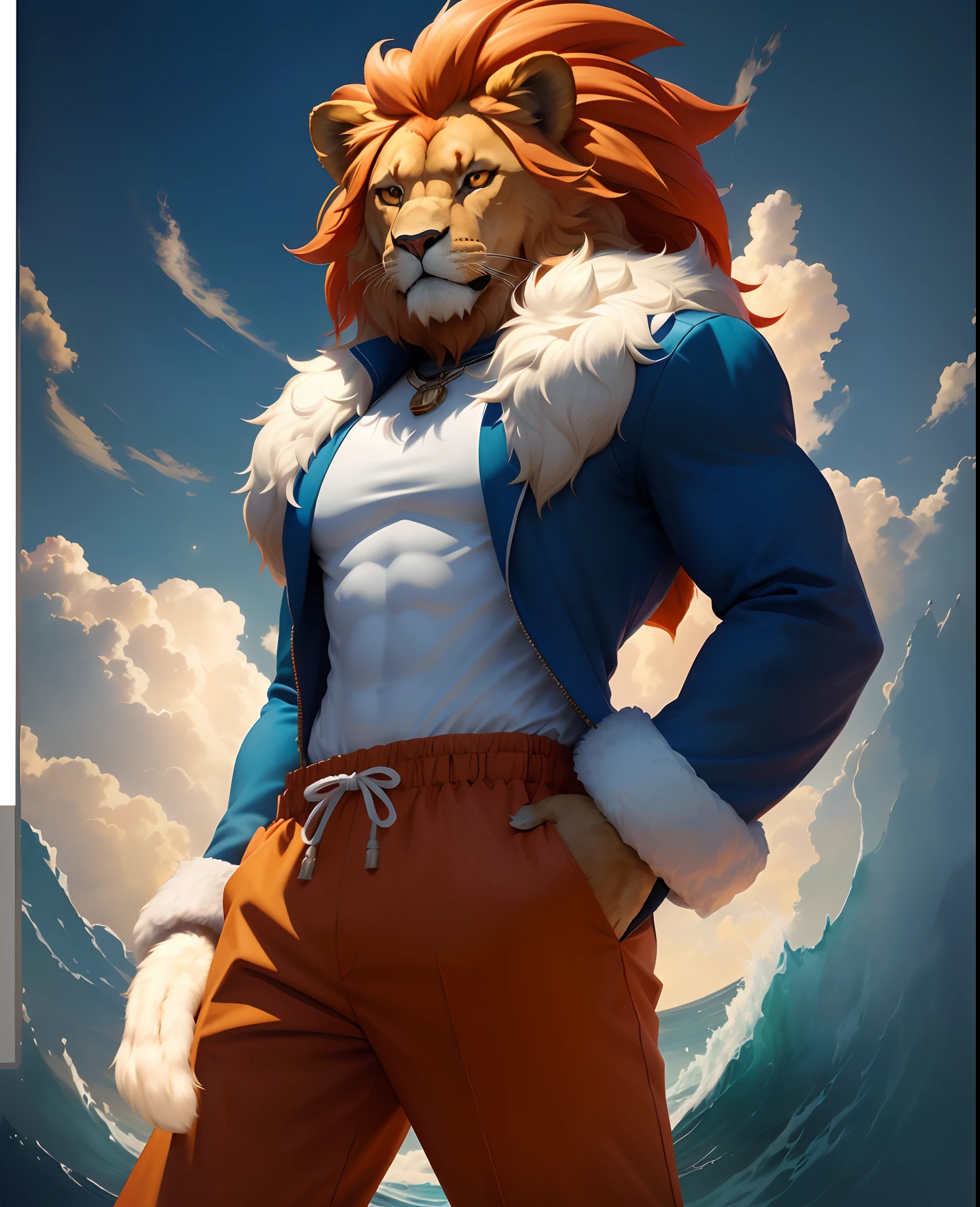 Anime character dressed in a lion costume standing in front of a cloudy sky, 2 d full body lion, buizel and human fusion, commission for high resolution, sfw version, haciendo una pose majestuosa caliente, Retrato de personaje peludo, Arte oficial del personaje, Personaje peludo, Arte peludo!!!, fullbody commission for, official illustration of the character, Anime furry, Rey del Mar