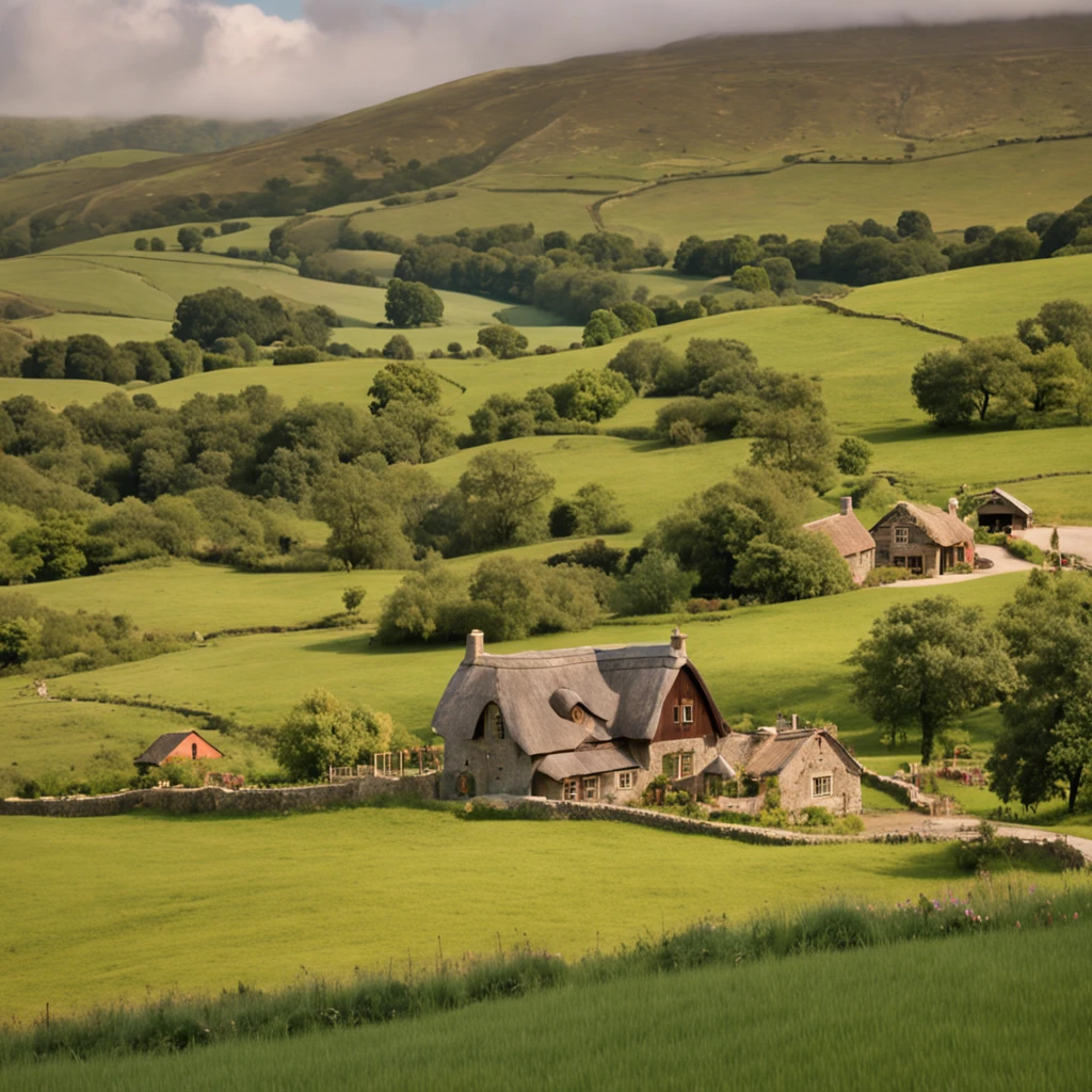 Creates a vintage shot of a tranquil rural scene. The focal point should be a gentle hill covered with lush green grass and wildflowers. A long road will be visible in the distance, reflecting the soft colors of the sky in the sunset. Includes a charming cottage nestled among the hills, decorated with ivy and thatched roofs. The photo evokes a sense of peaceful nostalgia, capturing the beauty of rural life in a bygone era,((high quality)) ((super detailed))