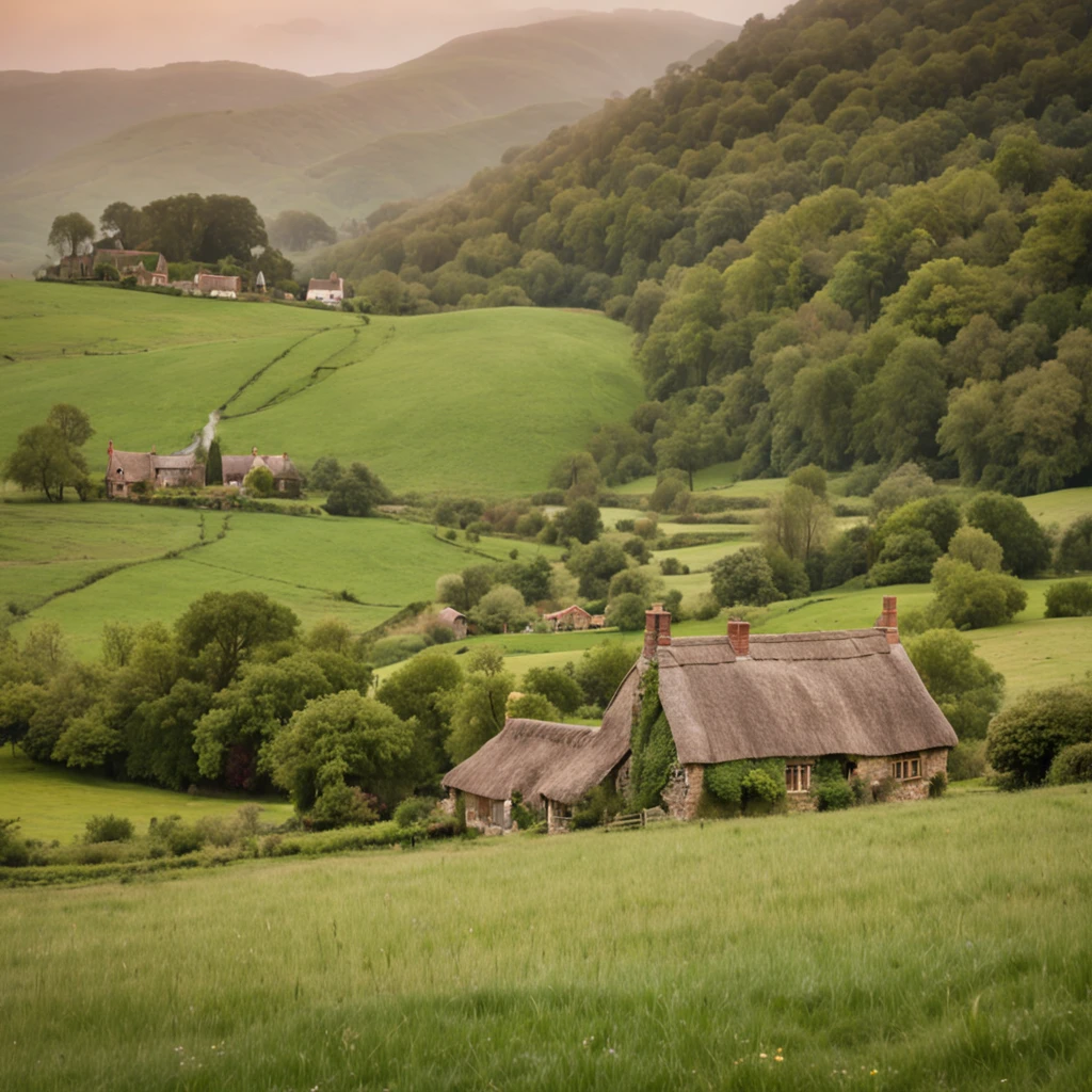 Creates a vintage shot of a tranquil rural scene. The focal point should be a gentle hill covered with lush green grass and wildflowers. A long road will be visible in the distance, reflecting the soft colors of the sky in the sunset. Includes a charming cottage nestled among the hills, decorated with ivy and thatched roofs. The photo evokes a sense of peaceful nostalgia, capturing the beauty of rural life in a bygone era,((high quality)) ((super detailed))