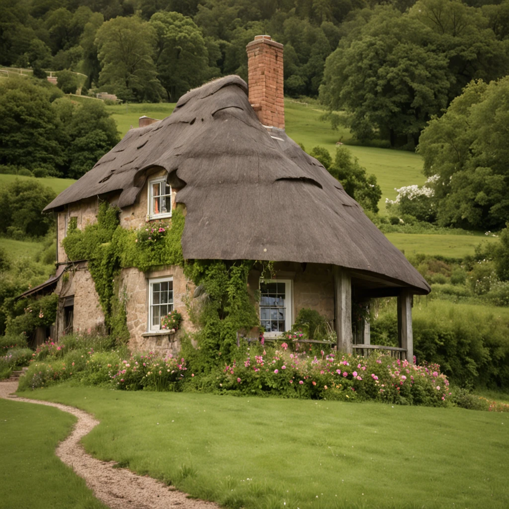 Creates a vintage shot of a tranquil rural scene. The focal point should be a gentle hill covered with lush green grass and wildflowers. A long road will be visible in the distance, reflecting the soft colors of the sky in the sunset. Includes a charming cottage nestled among the hills, decorated with ivy and thatched roofs. The photo evokes a sense of peaceful nostalgia, capturing the beauty of rural life in a bygone era,((high quality)) ((super detailed))