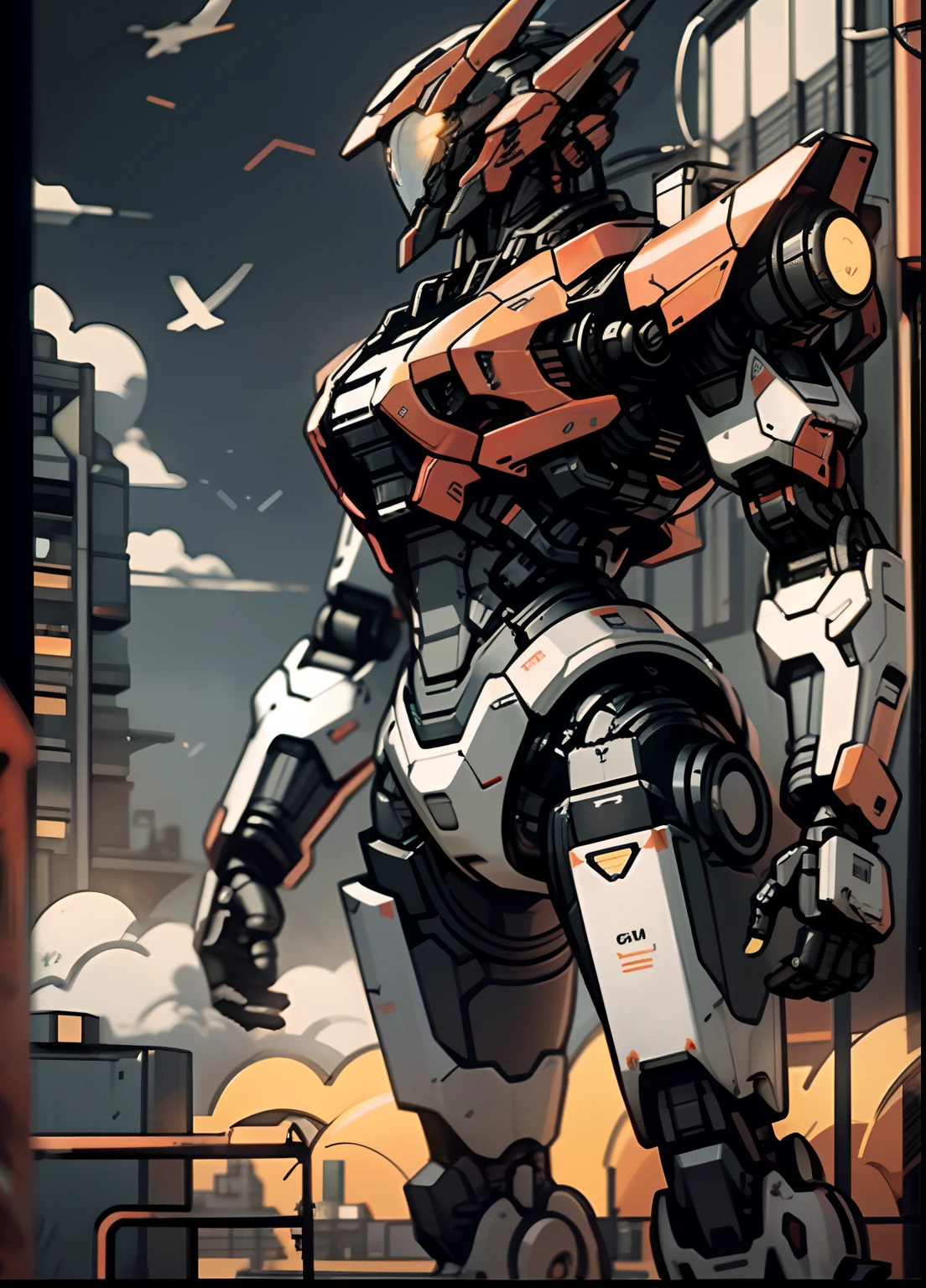 Masterpiece, Best quality, sky, Cloud, Holding_arma, Glowing, robot, Building, Glowing_Eyes, Mecha, Science_fiction, City, Realistic,Mecha, red colour, full bodyesbian, Looking into the distance, 4K quality , Realistic details, mech details, reflective details