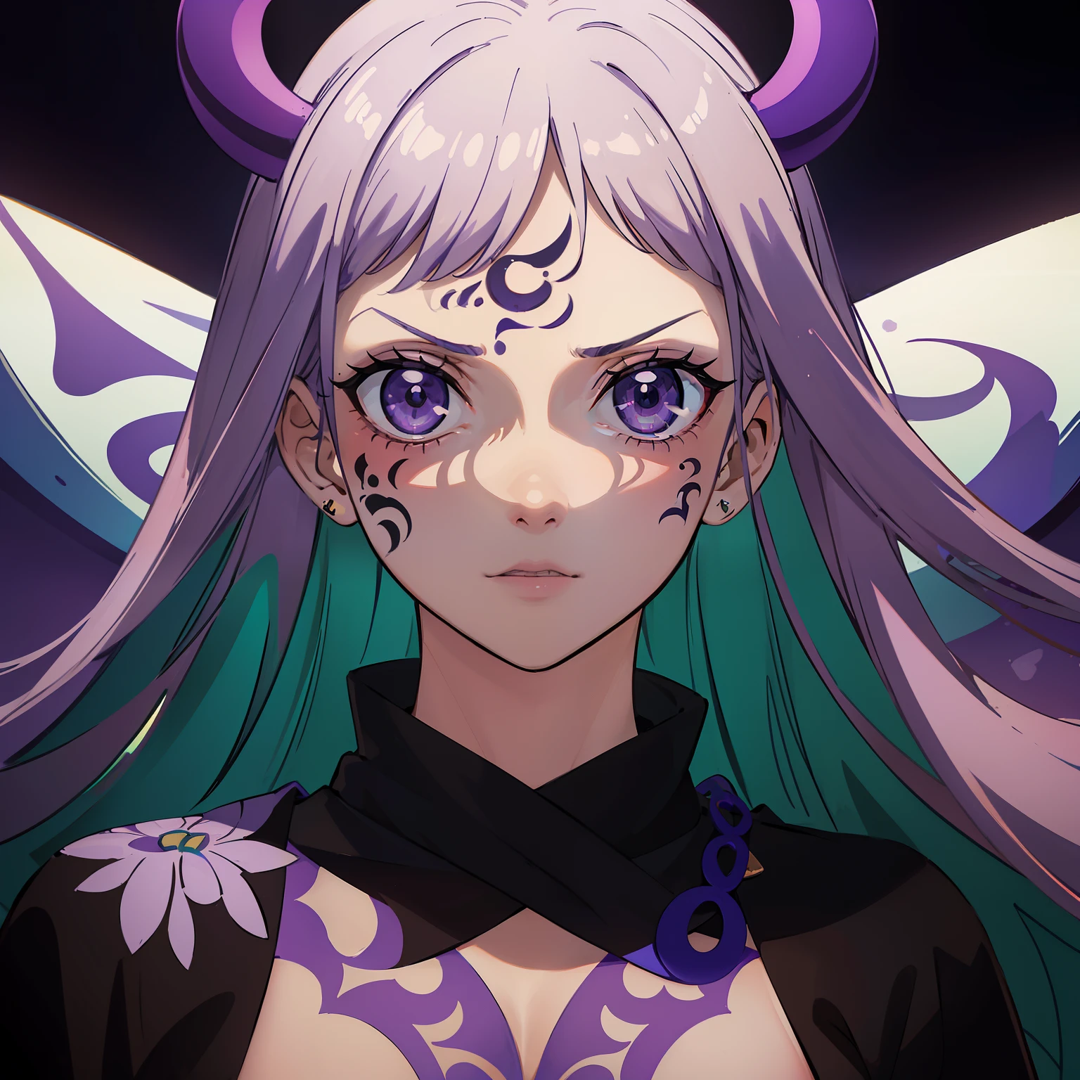 (((obra-prima))), melhor qualidade, Detailed illustration in 8k resolution CG, personagem principal: uma garota com cabelos longos e (verdes), mechas azuis, olhos roxo+purple, Demonic tattoos.