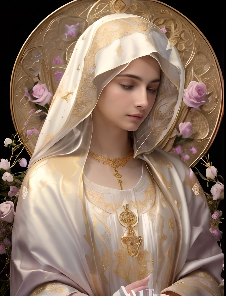 (((Saint Virgin Mary. 19 years old))) ((( Con una cara seria y piadosa. Con una mirada dulce y tierna))) (obra maestra, calidad superior, mejor calidad, arte oficial, beautiful and aesthetic: 1.2), (1girl), extremadamente detallado, (Arte fractal: 1.3), colorido, highest detailed, Cara perfecta, parte superior del cuerpo, HDR, (orando: 1.3), (golden lines of white coat: 1.2), galaxia, (rayas de luz), eye-catching visuals, (dynamic stripes, senderos luminosos: 1.2), colores vibrantes,