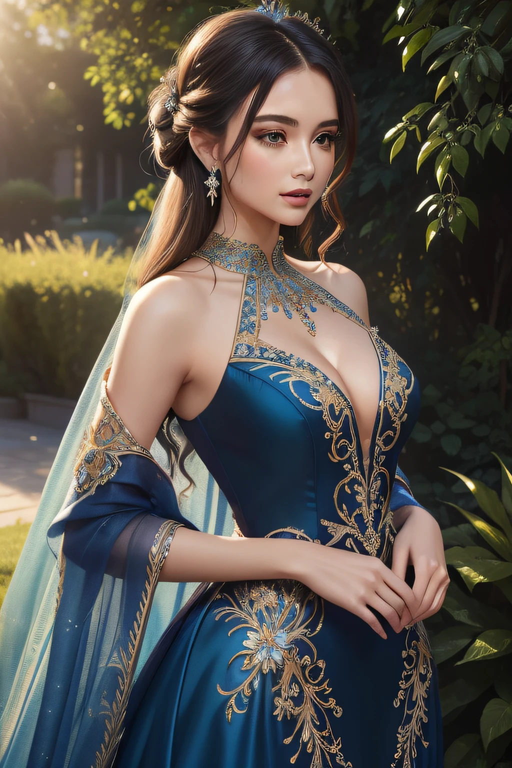 ((masterpiece)),((best quality)),((high details)),((realistic)), waist length photo of a beautiful girl wearing blue Glamorous Evening Gown, (elaborate embellishments, intricate beading, sequins and embroidery dress), Elegant updo with soft tendrils hair, A sunlit garden with natural elements background, 8k