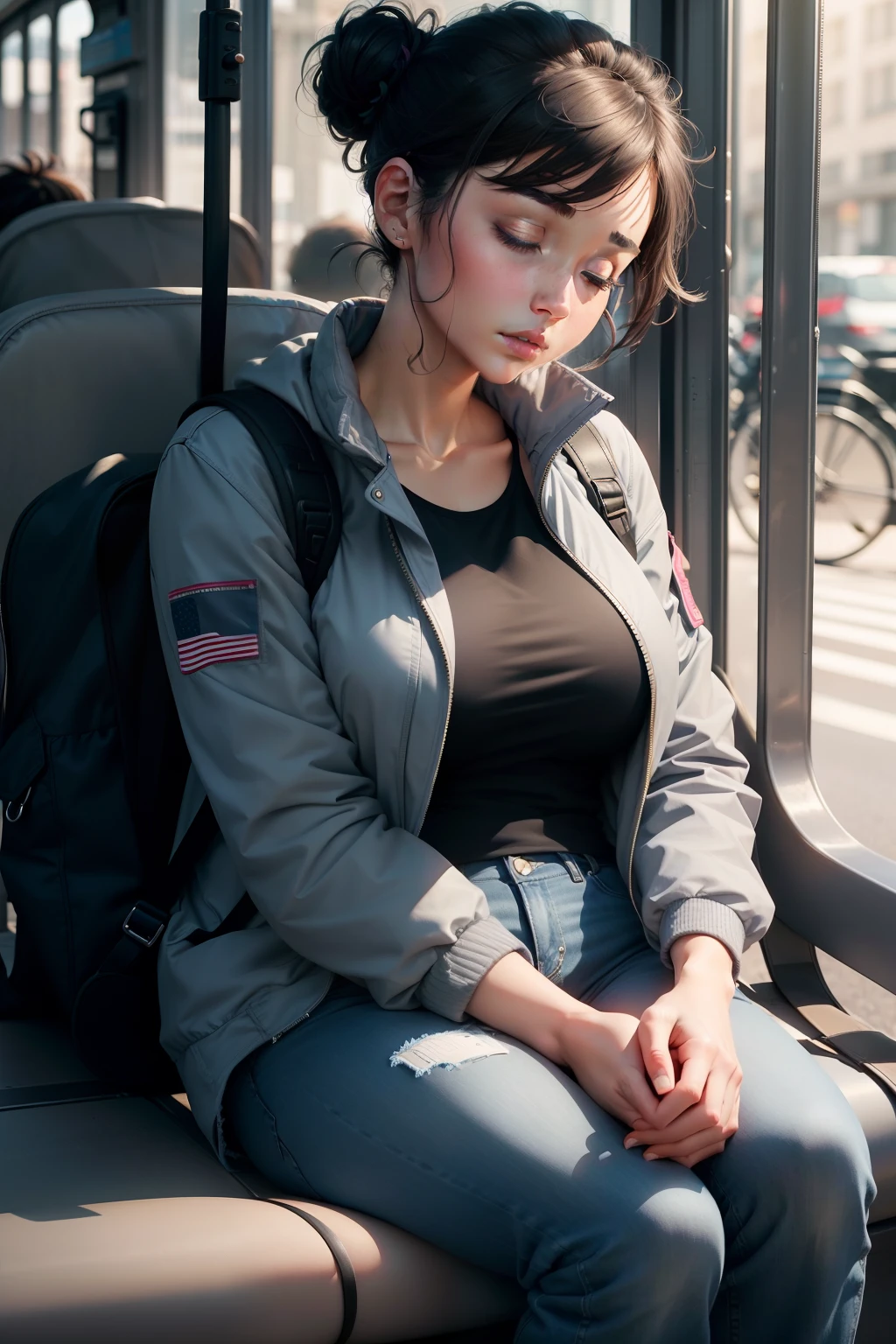 1 beautiful woman, adult, large body, short hair, hair tied in a bun, outlined eyelids, made-up eyelids, closed jacket, gray jacket, neckline, blue jeans, shoes, black backpack, hugging her backpack, sleeping sitting on the bus, mouth open, eyes closed.