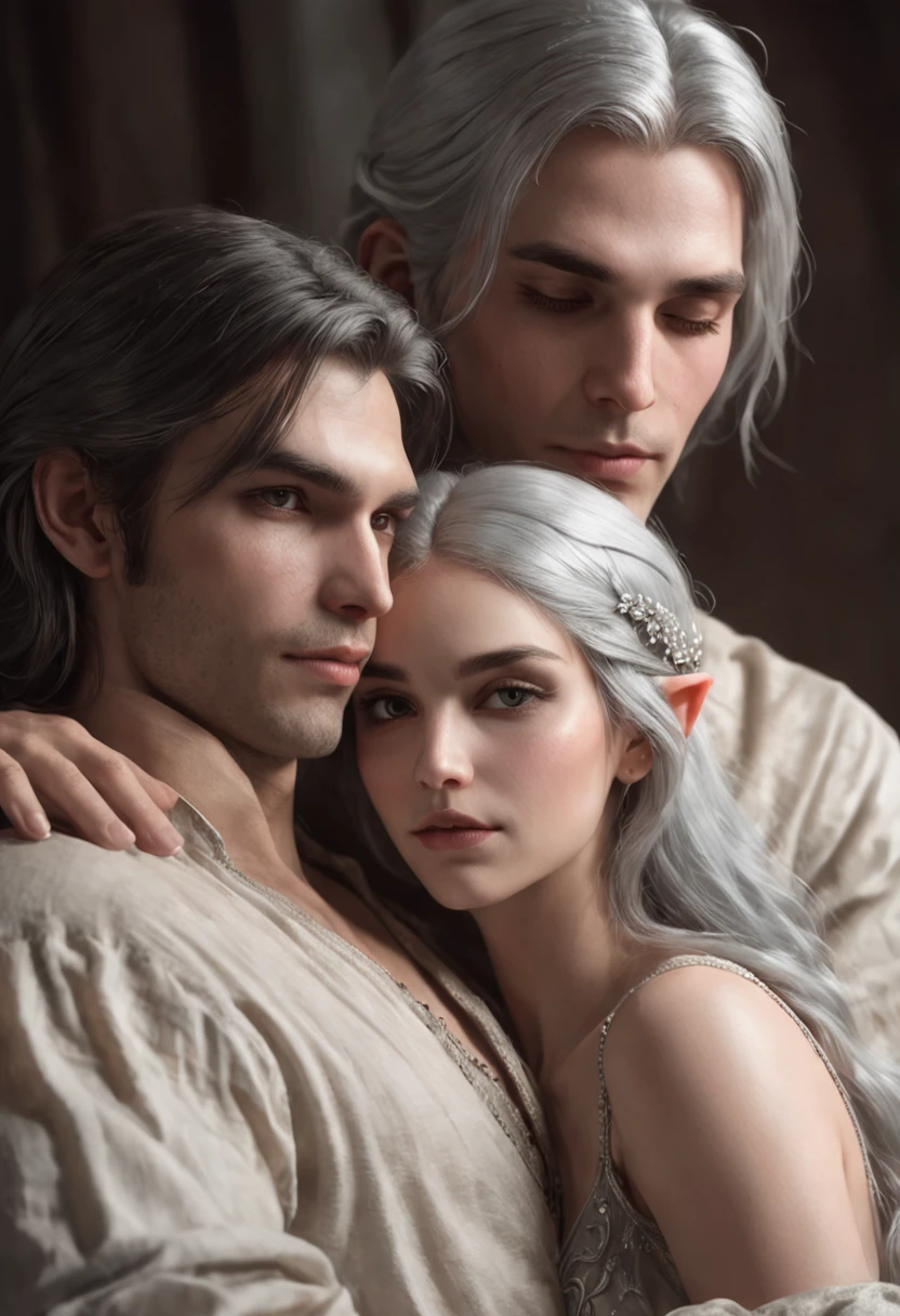 Drawing of a man and a woman, Elf girl with silver hair, An elf with long black hair, Hand detailing, Finger detailing, Face detailing, Sitting on the bed, charlie bowater and artgeem, He holds her in his arms, While she sleeps, inspired by Magali Villeneuve, Edmund Blair and Charlie Bauer, romance novel cover, cover illustration, Farnrun, Published art, commission for high res, detailed fanart, Melodrama Fantasy, unfinished