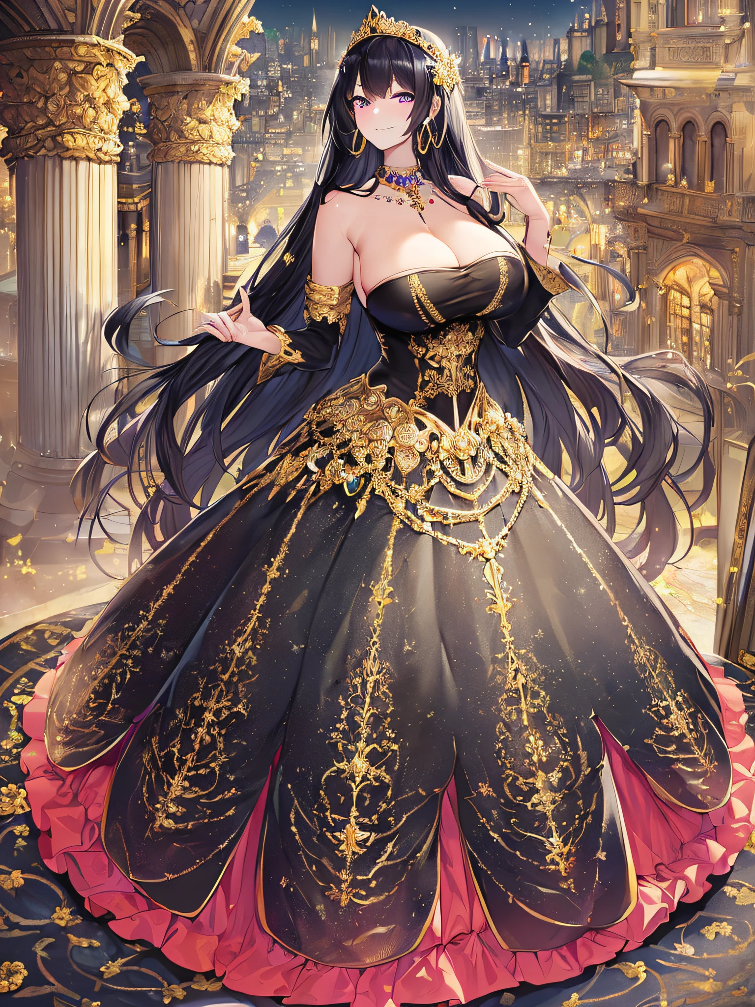 ((anime artstyle)),(Masterpiece),(Best Quality),(Super Detail),(Very Delicate and Beautiful),Solo,((full body)),((standing in the balcony of the palace,Overlooking a detailed night view,outdoor)),(from above),BlingBling,((1 arrogant princess in beautiful embroidery black and gold gorgeous rococo ballgown with voluminous full length hoop skirt)),(crinoline),gorgeousfull embroidery,Long train,((arrogant,haughty)),((arrogant smile)),Sharp eyes,(gorgeous gemstone jewelry),detailed face and eyes,jewel-like eyes,Purple eyes,(Bangs between eyes),((large amount of straight hair,extremely Long voluminous black Hair)),((gigantic tits,Long tits)),gorgeousfull embroidery,cleavage,extremely gorgeousfull hair ornament,(bling-bling extremely gorgeousfull jeweled tiara),gorgeous corsage,(Dynamic Angle),Looking at viewer,((full body)),outdoor,flowers,((beautiful embroidery and glitter jeweled black and gold gorgeous rococo ballgown with voluminous full length hoop skirt))