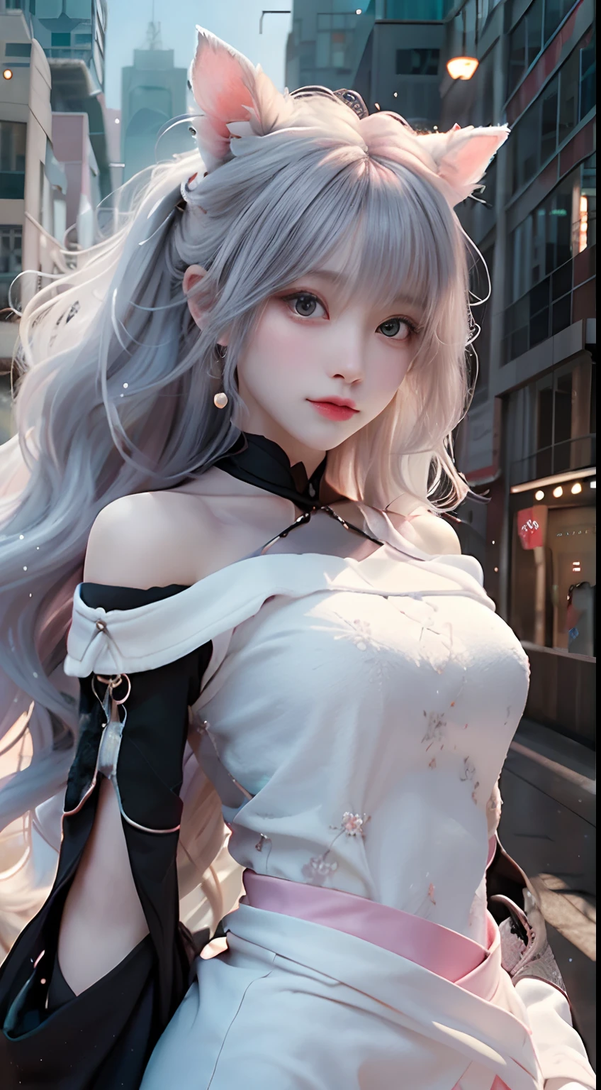Anime girl with long gray hair and cat ears posing for a picture ...