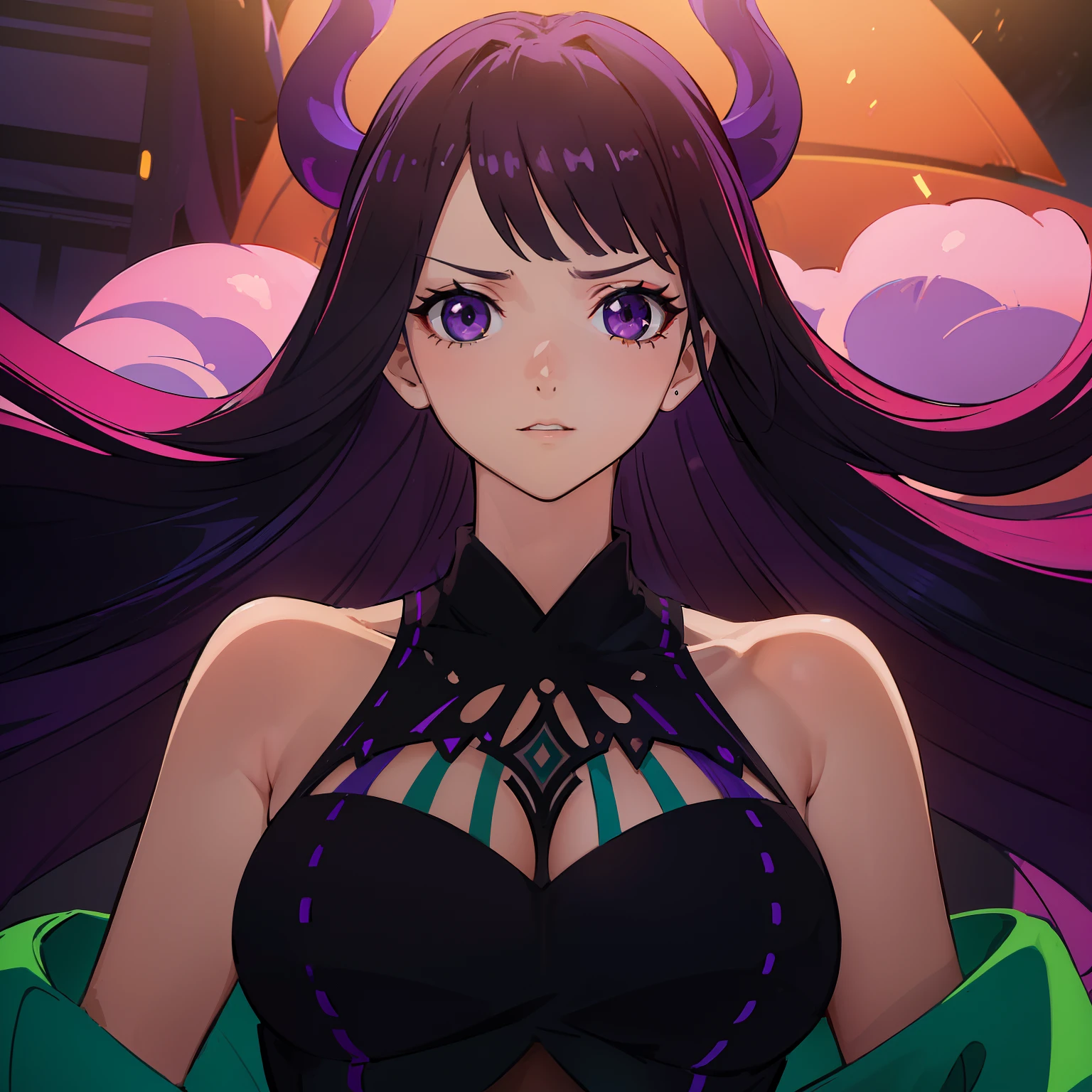 (((obra-prima))), melhor qualidade, Detailed illustration in 8k resolution CG, personagem principal: a girl with long, gradient hair (roxo+verde), mechas azuis, olhos roxo+purple, Demon race