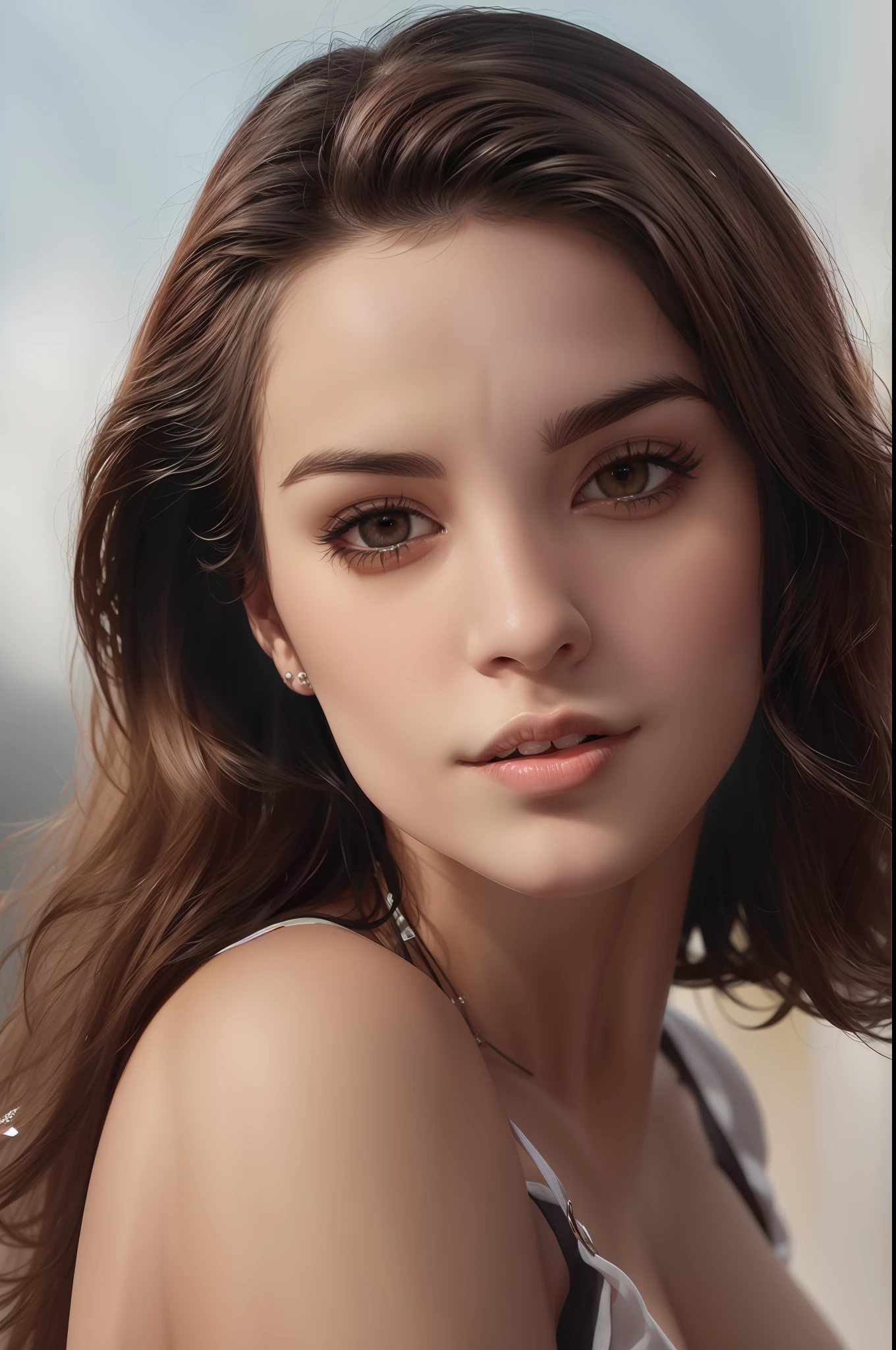 mulher arafed com longos cabelos castanhos e um top branco, beautiful face and flawless skin, foto retrato suave 8 k, lindo rosto atraente, rosto bonito atraente, rosto perfeito finamente detalhado, belo rosto jovem, rosto extremamente bonito, rosto bonito jovem, mulher jovem bonita, close-up rosto perfeito, mulher bonita do rosto, beautiful fine face features, rosto feminino atraente