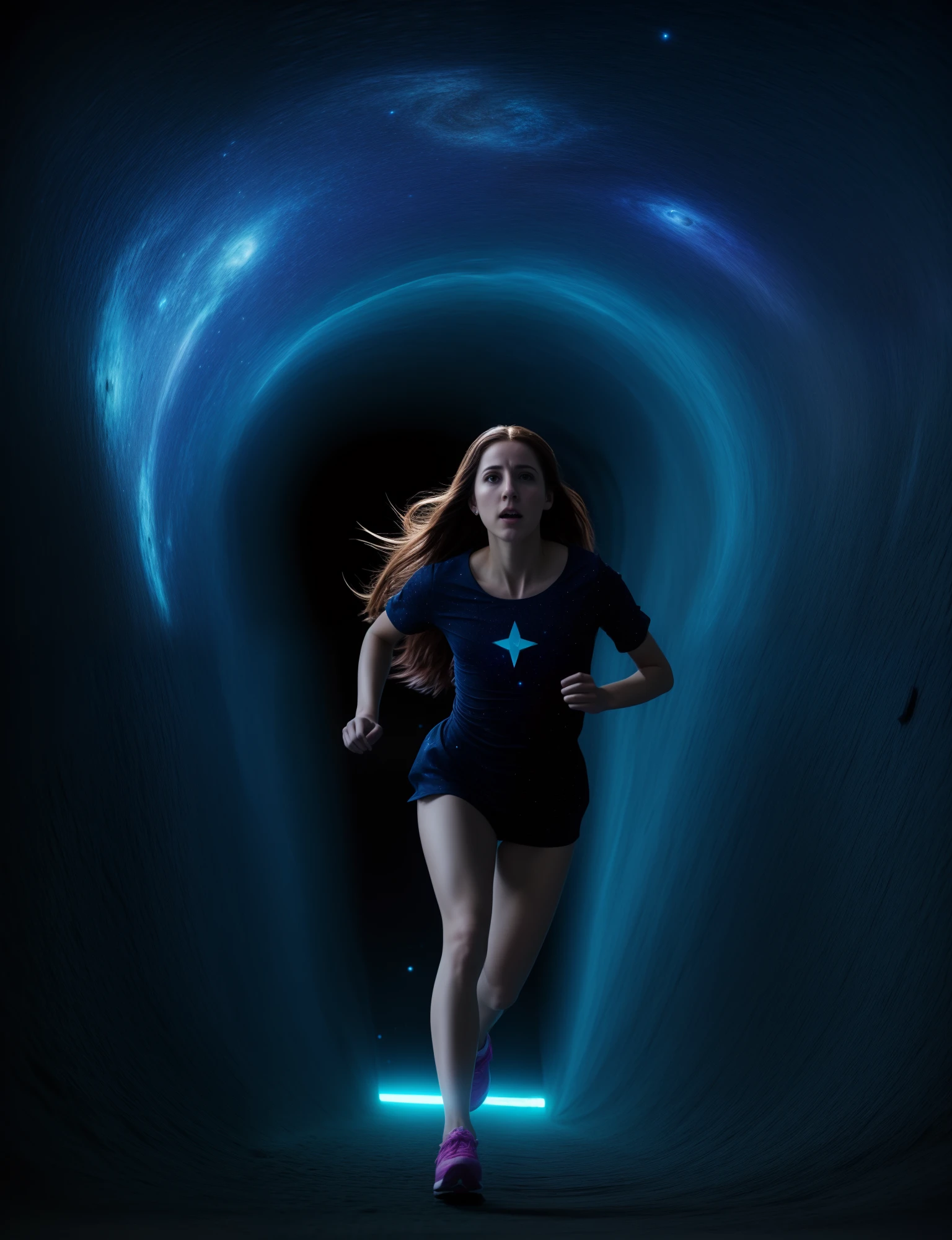 A woman running inside a cosmic dimensional tunnel, despair expression, roupas esfarrapadas e sujas, detalhes intrincados, highes definition, fotografia premiada, fiction art, cinematic, 8k