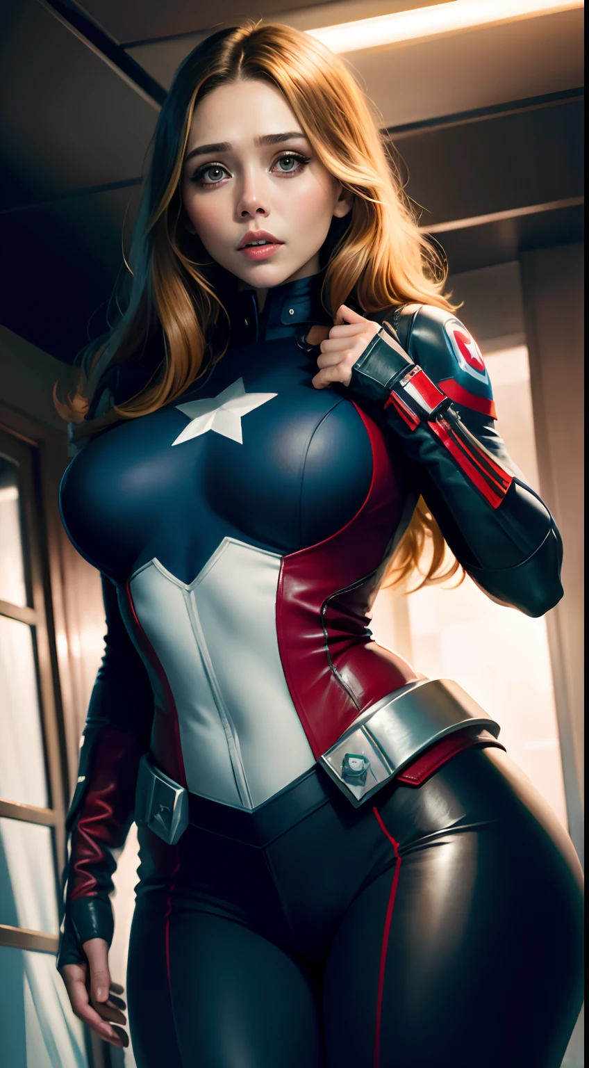 Elizabeth Olsen plays Captain America，skyscrapper，（Inspired by Mass Effect），Captain America suit，Security level，Hypertrophic breasts，fat hips，Leather pants wrapped around the hips，Leather garment wrapped around the chest，（8K，photo RAW，Fotorrealista：1，25），（Excessive lip gloss，Very many eyelashes，best qualityer，超高分辨率，depth of fields，color difference，Wide light，natural color，Distant pictures（1：2）