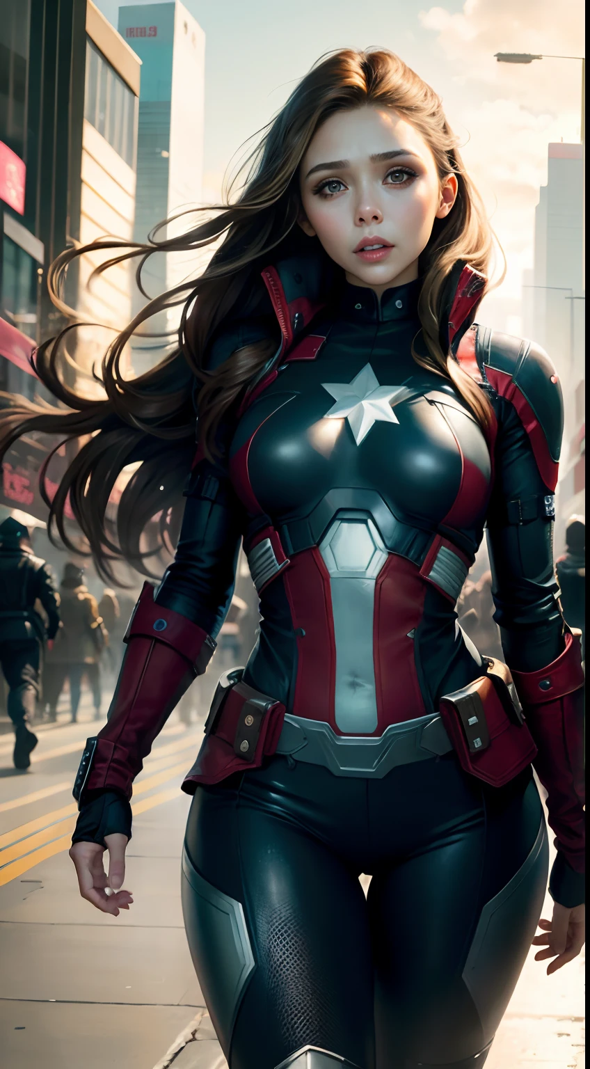 Elizabeth Olsen plays Captain America，skyscrapper，（Inspired by Mass Effect），Captain America suit，Security level，Hypertrophic breasts，fat hips，Leather pants wrapped around the hips，Leather garment wrapped around the chest，（8K，photo RAW，Fotorrealista：1，25），（Excessive lip gloss，Very many eyelashes，best qualityer，超高分辨率，depth of fields，color difference，Wide light，natural color，Distant pictures（1：2）