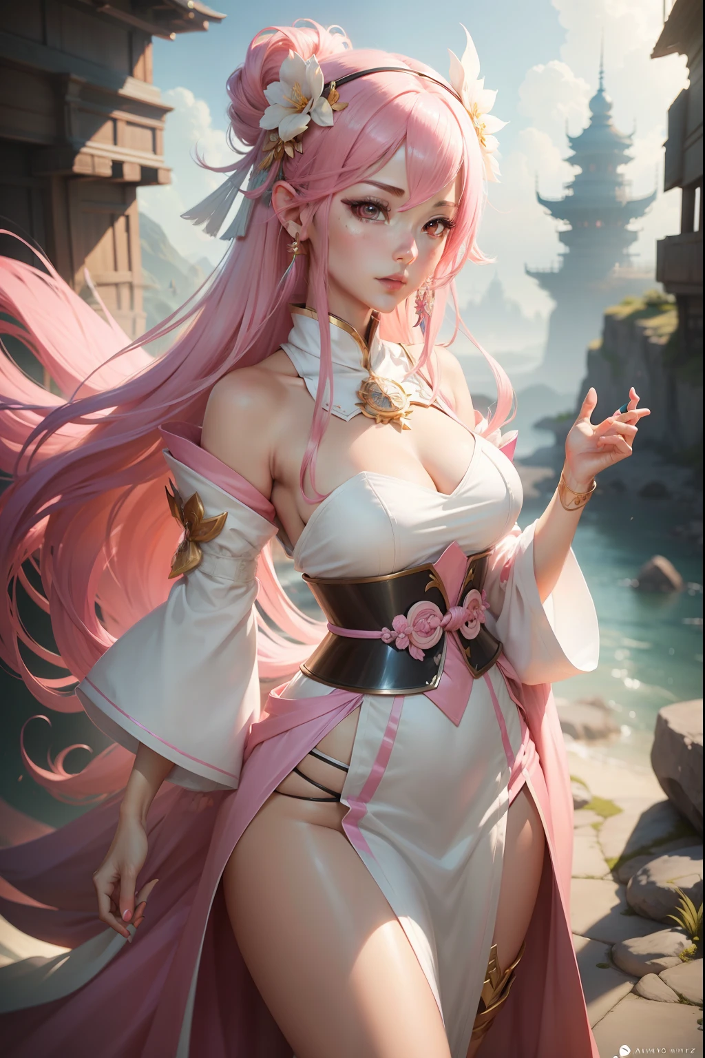 Anime girl with pink hair and white dress, concept art inspired by Lan Ying, Artstation contest winner, Fantasy art, Onmyoji detailed art, heise jinyao, Artgerm on ArtStation Pixiv, Kushatt Krenz Key Art Women, Artgerm Plat, onmyoji, Beautiful celestial mage