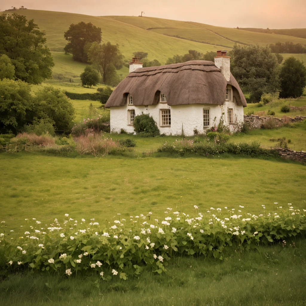 Create a vintage shot of a peaceful countryside scene. The focal point should be a gentle hill covered with green grass and wildflowers. A long road will appear in the distance, reflecting the soft colors of the sky in the sunset. Includes a charming cottage nestled among the hills, decorated with ivy and thatched roofs. The photo evokes a peaceful nostalgic feeling, capturing the beauty of rural life in a bygone era,((high quality)) ((super detailed)), a family walking on the road, the house Asia