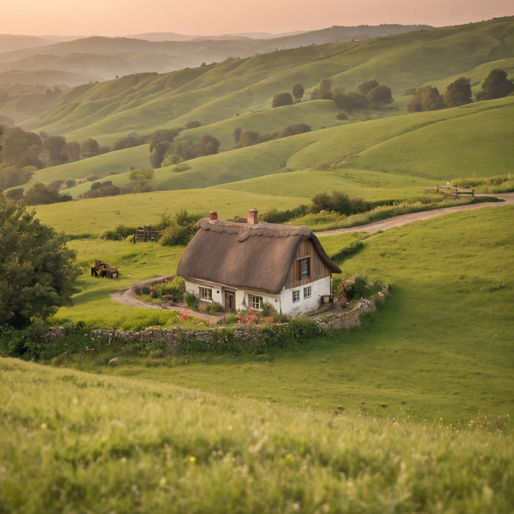 Create a vintage shot of a peaceful countryside scene. The focal point should be a gentle hill covered with green grass and wildflowers. A long road will appear in the distance, reflecting the soft colors of the sky in the sunset. Includes a charming cottage nestled among the hills, decorated with ivy and thatched roofs. The photo evokes a peaceful nostalgic feeling, capturing the beauty of rural life in a bygone era,((high quality)) ((super detailed)), a family walking on the road, the house Asia