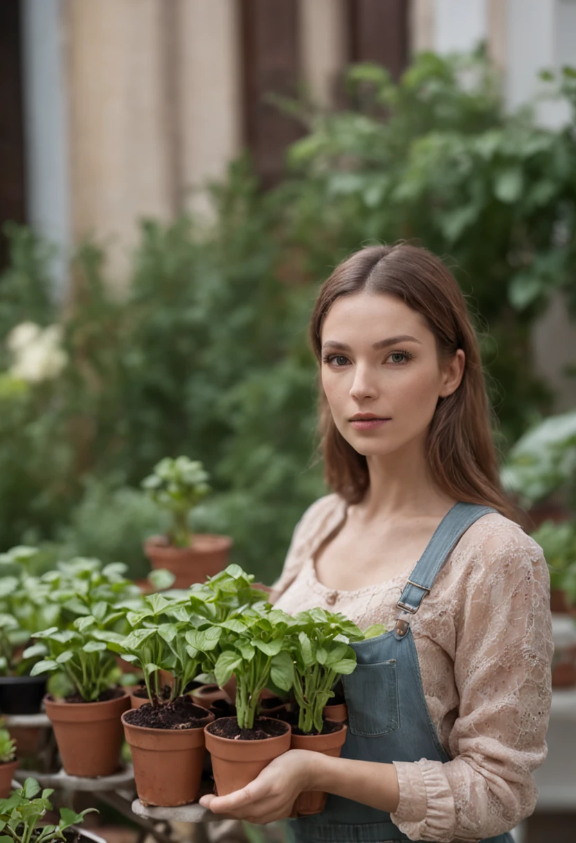 A cute woman buying plants in a garden ( fotorrealista) 4k, imagen para uso publicitario