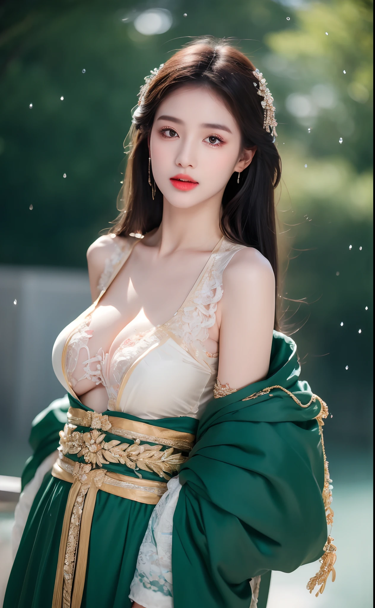 ((Best Quality, 8k, Masterpiece: 1.3)), Focus: 1.2, Perfect Body Beauty: 1.4, Buttocks: 1.2, ((Layered Haircut)), (Wet Clothes: 1.1), (Rain, Street:1.3), (Breasts: 1.2), (Hanfu: 1.2), Bare Shoulders, Bare Legs, Highly Detailed Face and Skin Texture, Fine Eyes, Double Eyelids, Whitened Skin, Long Hair, (Shut Up: 1.5), (Bokeh Background: 1.5), Big Breasts