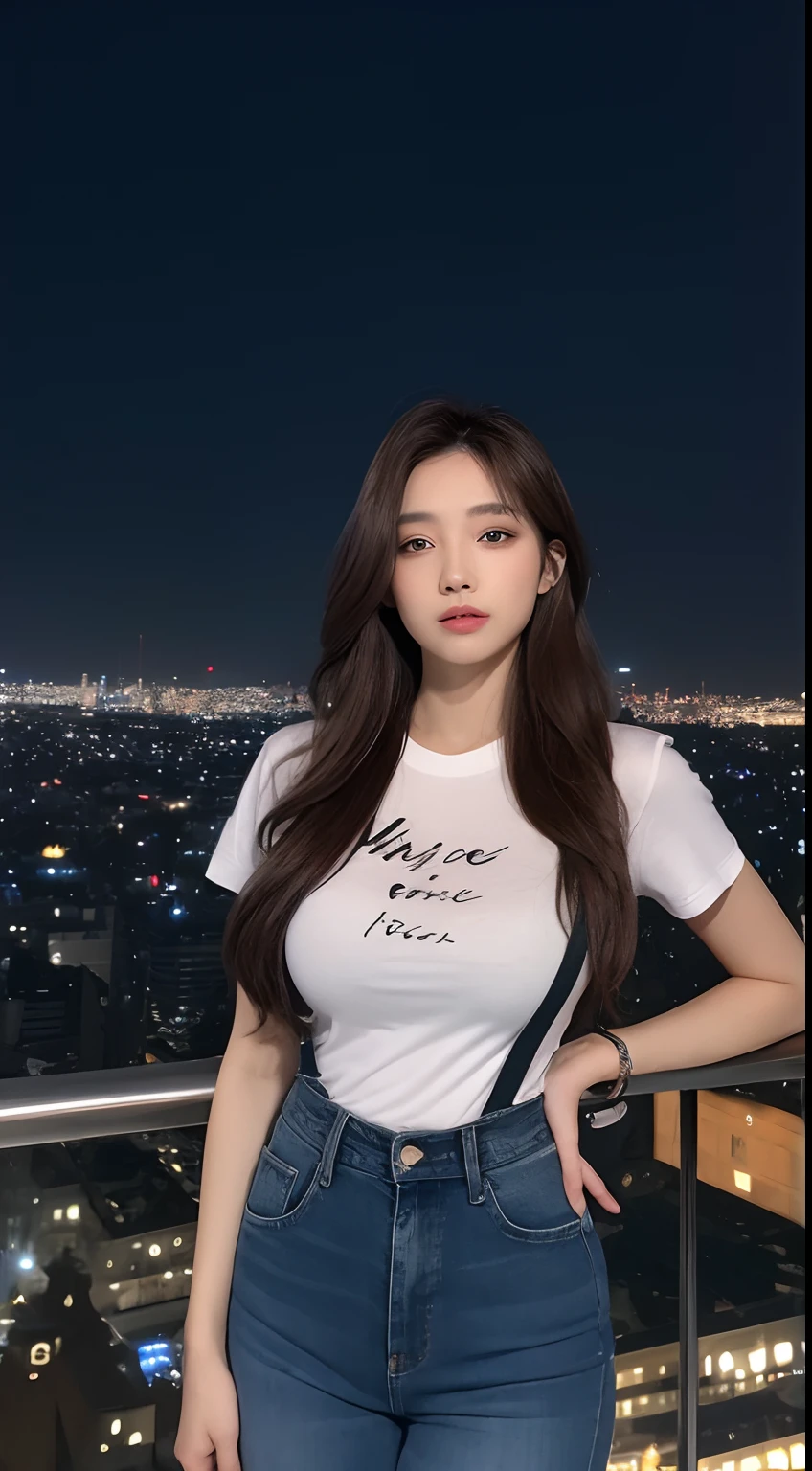 ((Midnight, Best quality, 8k, Masterpiece :1.3)), Whole body, Long legs, Sharp focus :1.2, A pretty woman with perfect figure :1.4, Slender abs :1.1, ((Dark brown hair, Big breasts :1.2)), (White tight tshirt, Jean bib, Standing:1.2), ((Night city view, Rooftop:1.3)), Highly detailed face and skin texture, Detailed eyes, Double eyelid