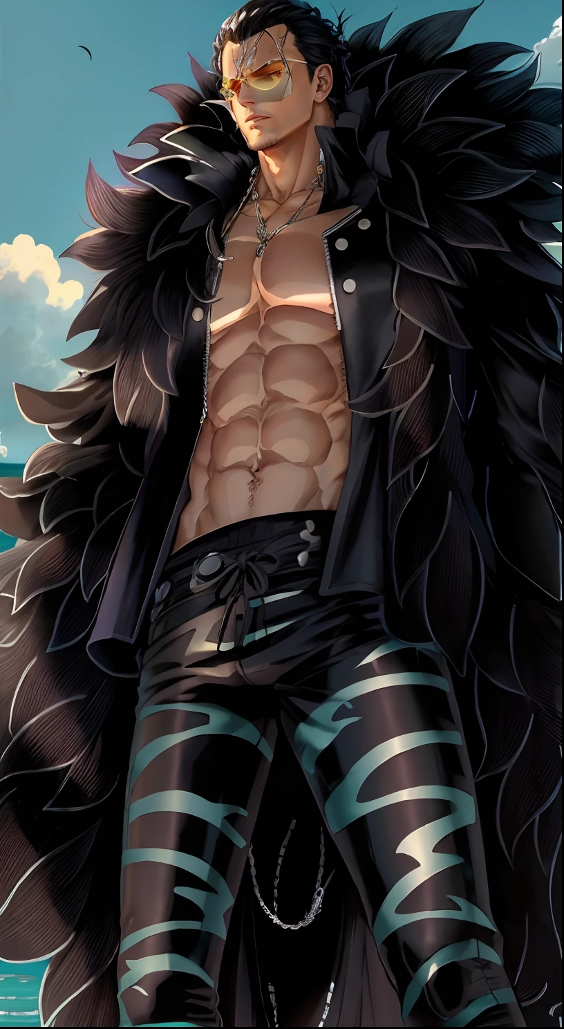 a man in a black feather jacket and black pants, peito fofo, from one piece, Iconic black color of the character , olhos azuis, his trunk is a huge tentacle, Close-up de corpo inteiro, his trunk is a long tentacle, corpo chiclete, corpo fofo, vestindo trajes de concha, Personagem de anime; arte de corpo inteiro, Estilo One Piece